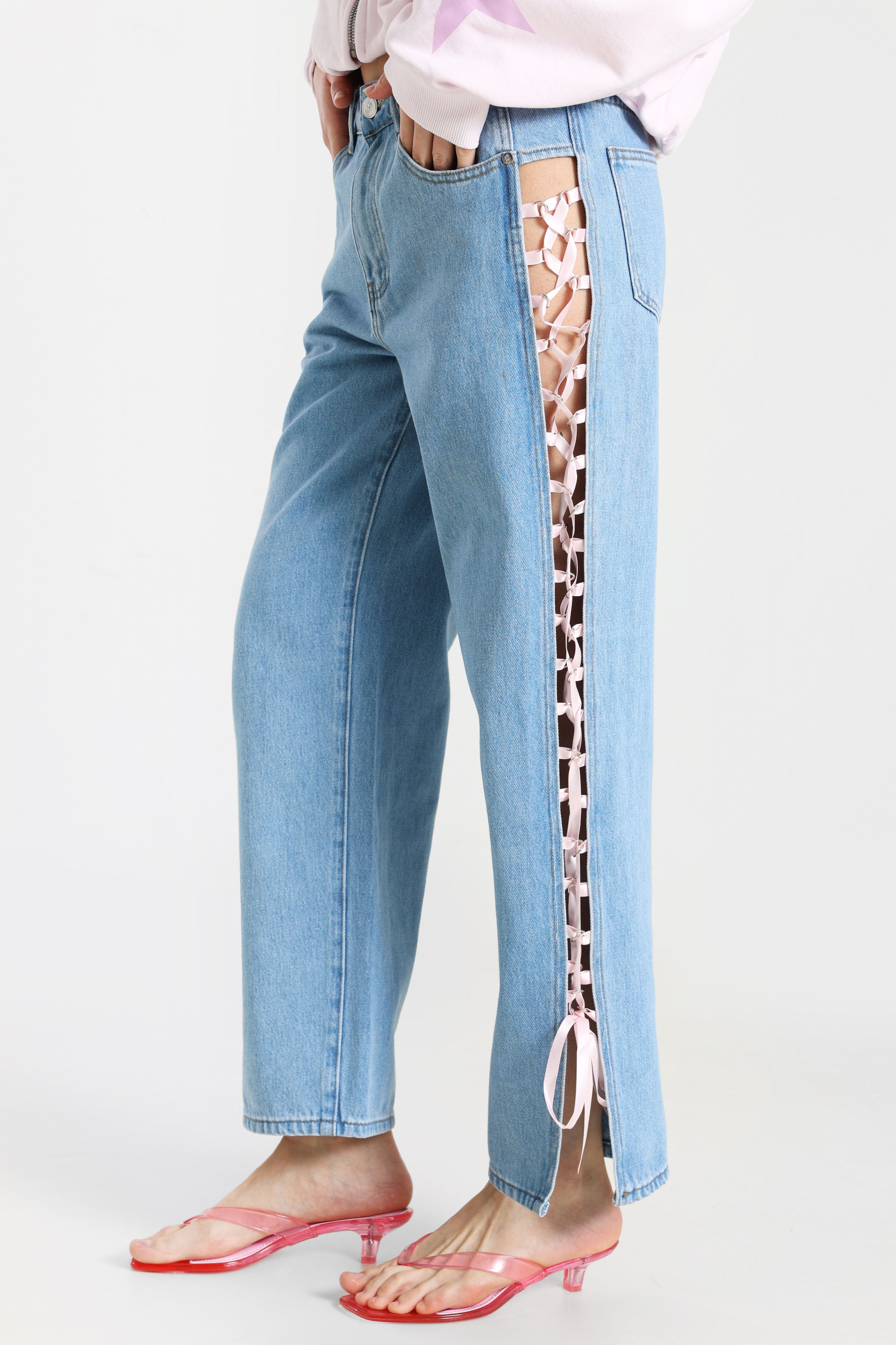 Straight Fit Jeans - Hellblau + Rosa