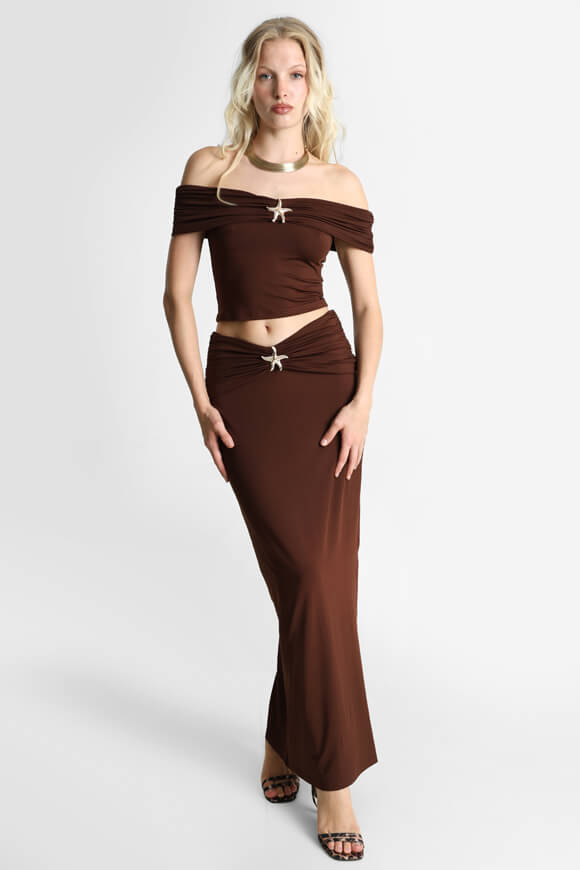 Off Shoulder Crop T-Shirt - Brown