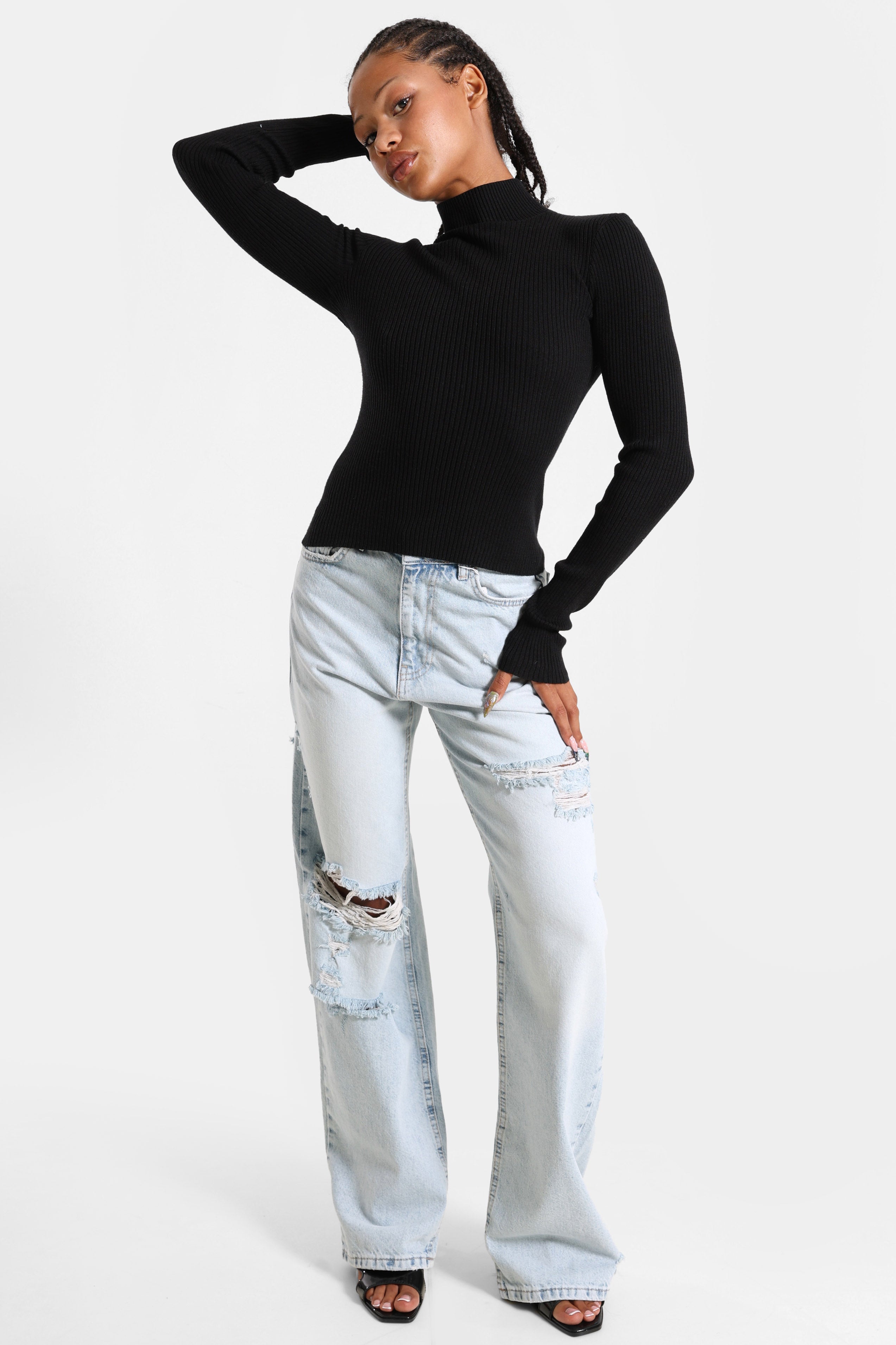Maglione corto in maglia a coste - Nero