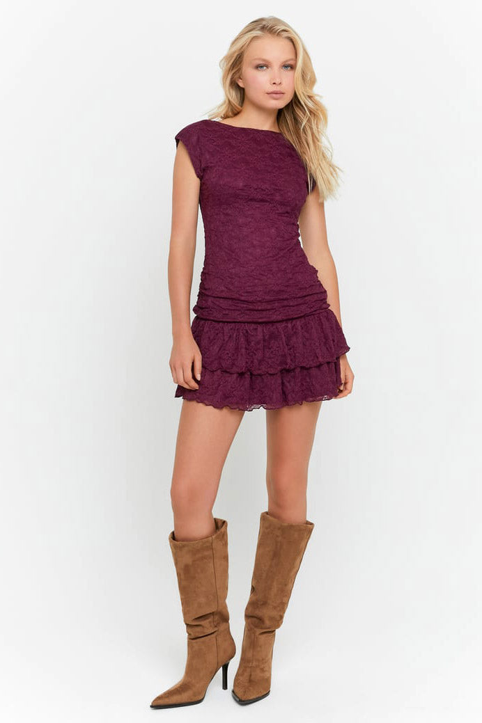 Mini abito in pizzo con pantaloncini integrati - Burgundy