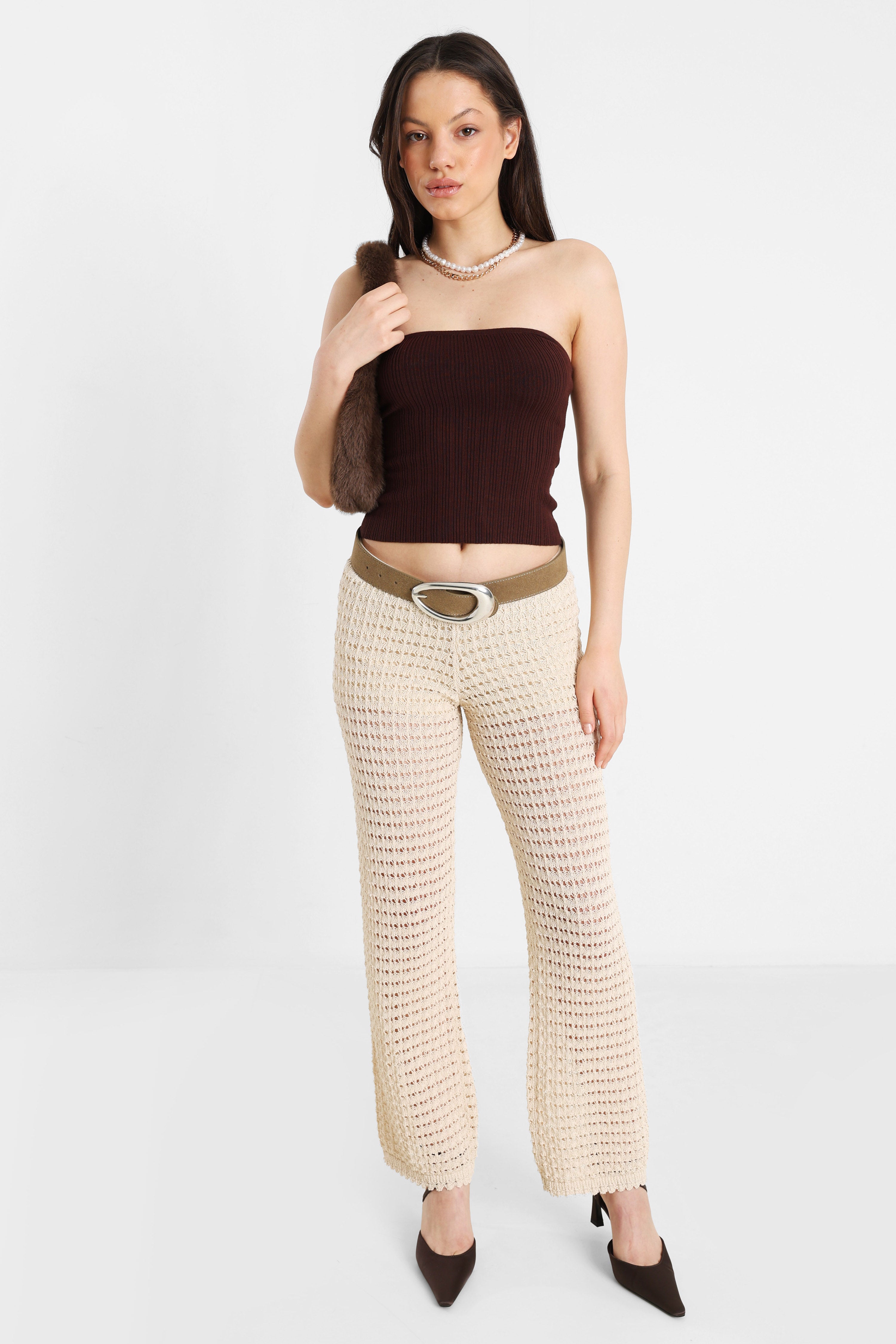 Geripptes Bandeau Stricktop - Dunkelbraun