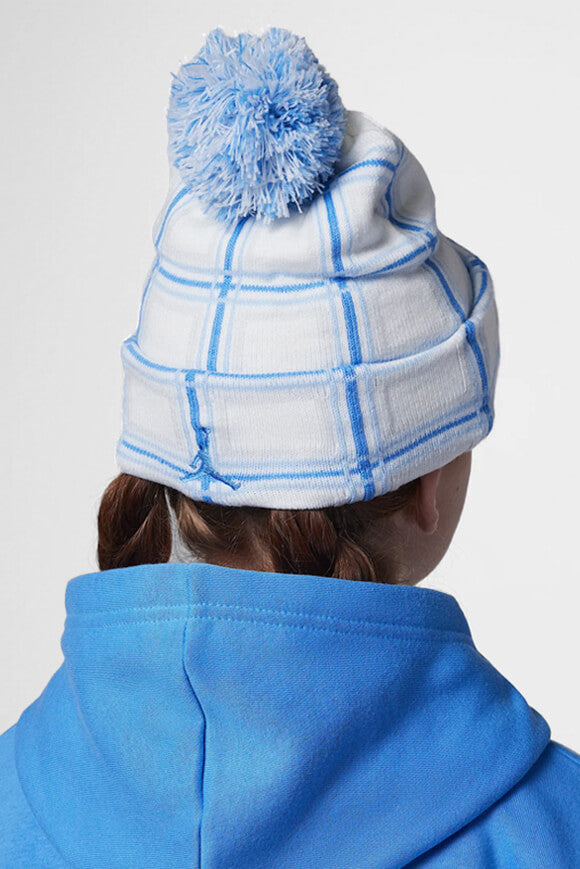 Holiday Plaid Pom-Beanie - White + Blue