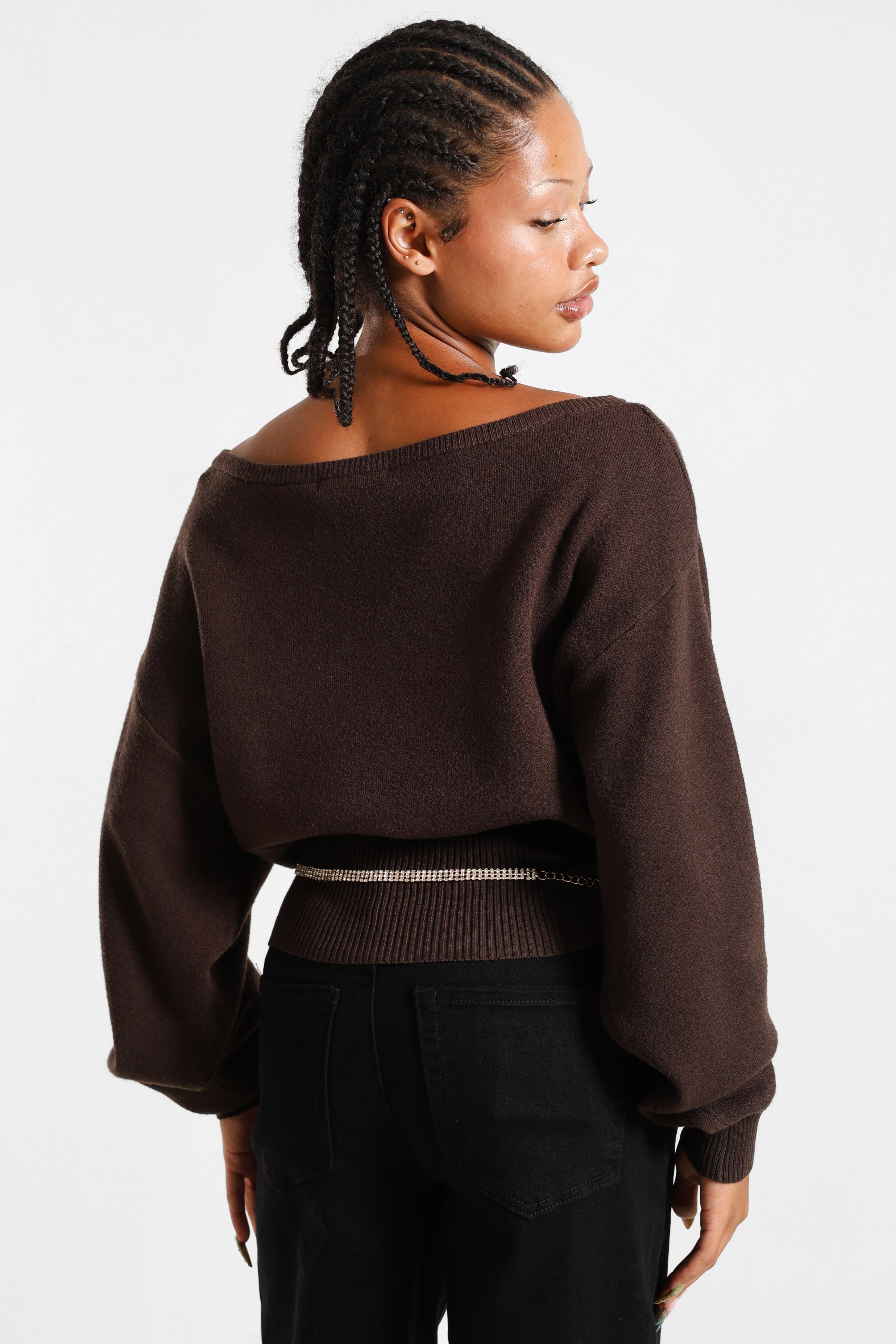Maglione con scollo a barca in maglia - Brun foncé