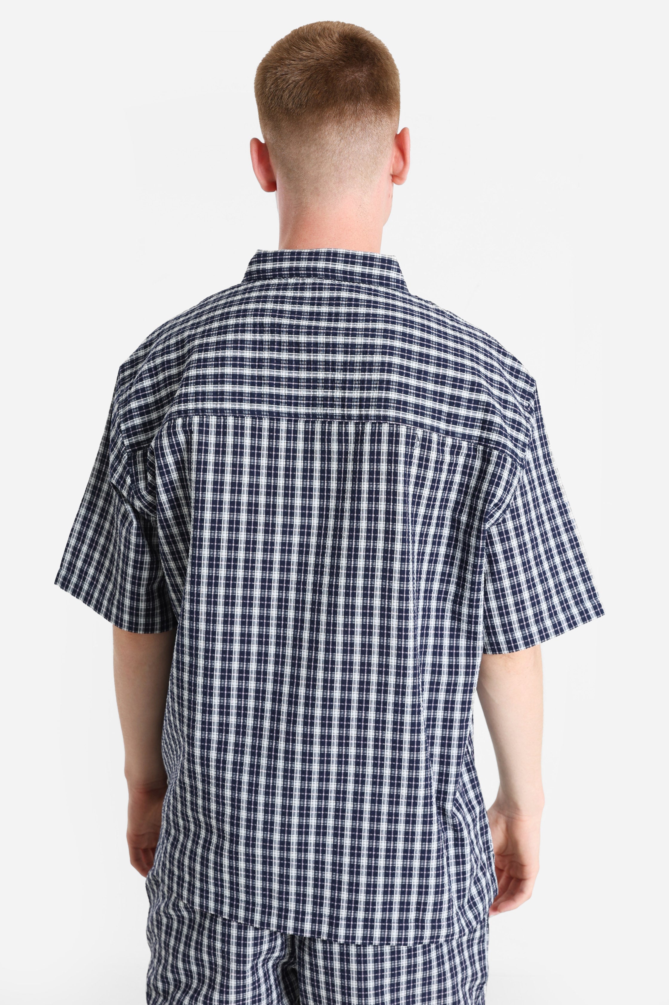 RRROWDY loose-fit check seersucker shirt - Navy Blazer