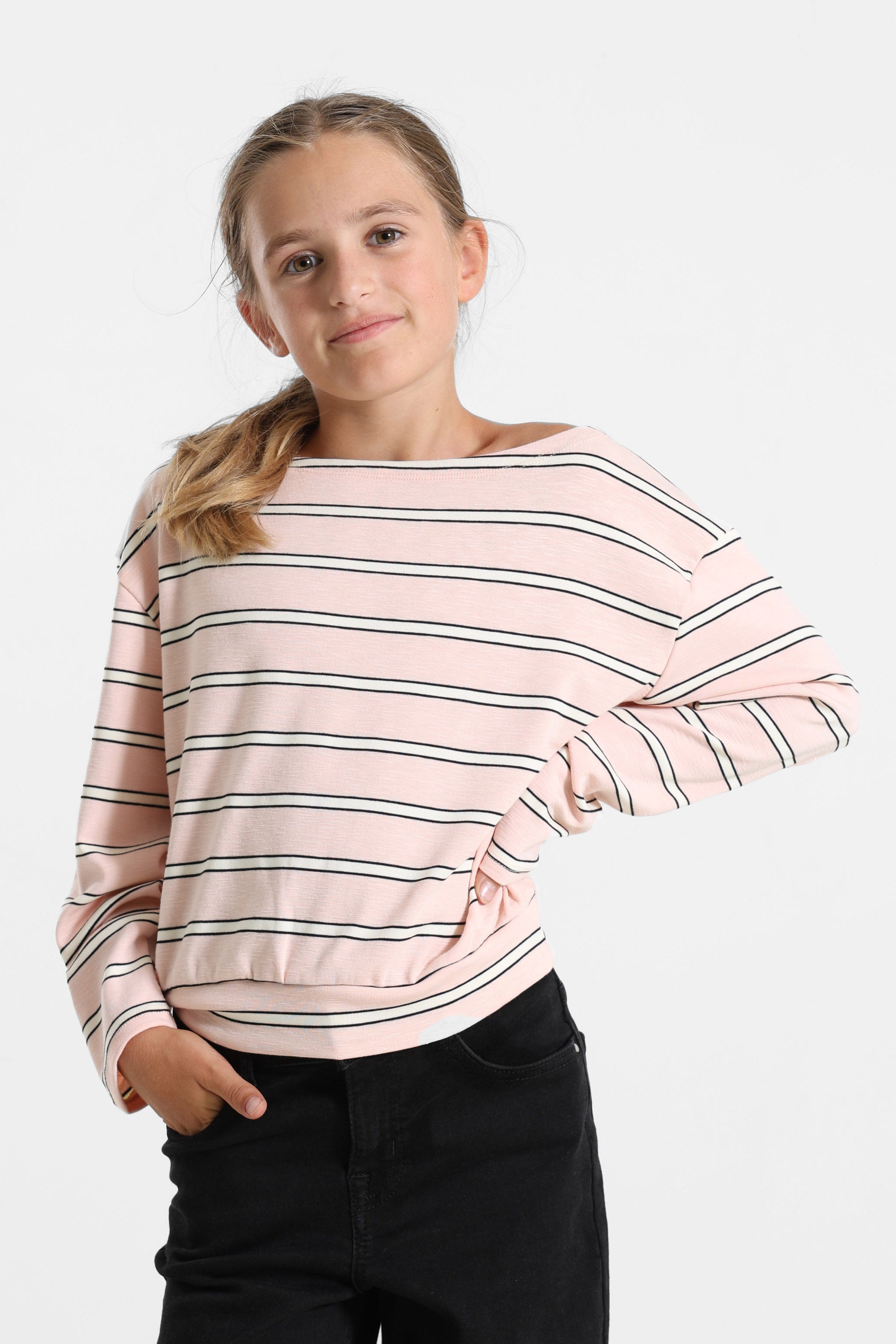Off Shoulder Langarmshirt - Rosa + Offwhite + Schwarz