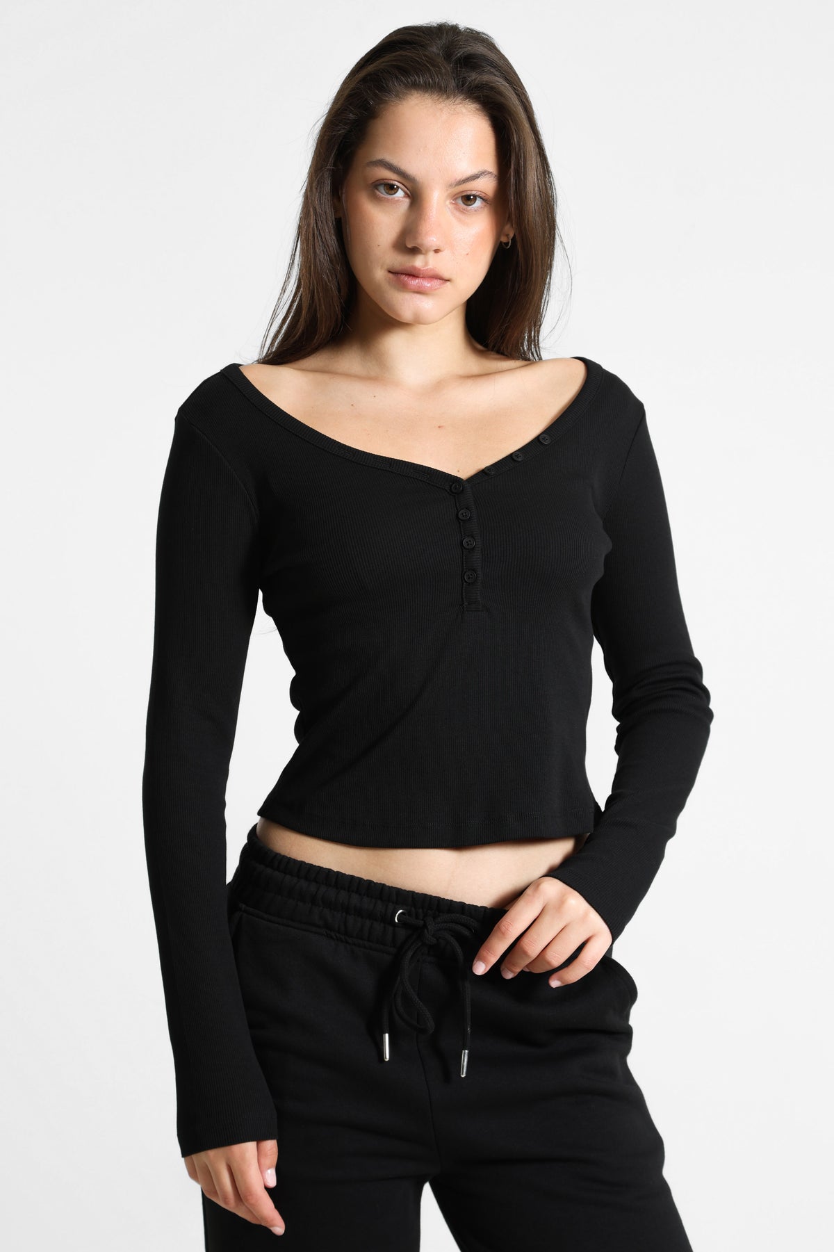 Geripptes Crop Langarmshirt - Schwarz