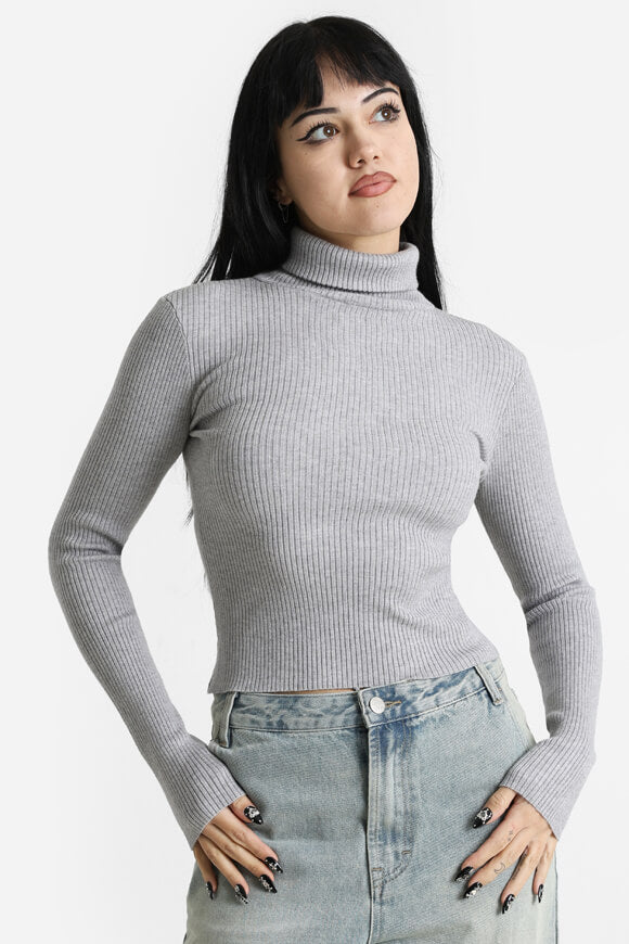 Pull en maille côtelée Crop - Gris clair chiné