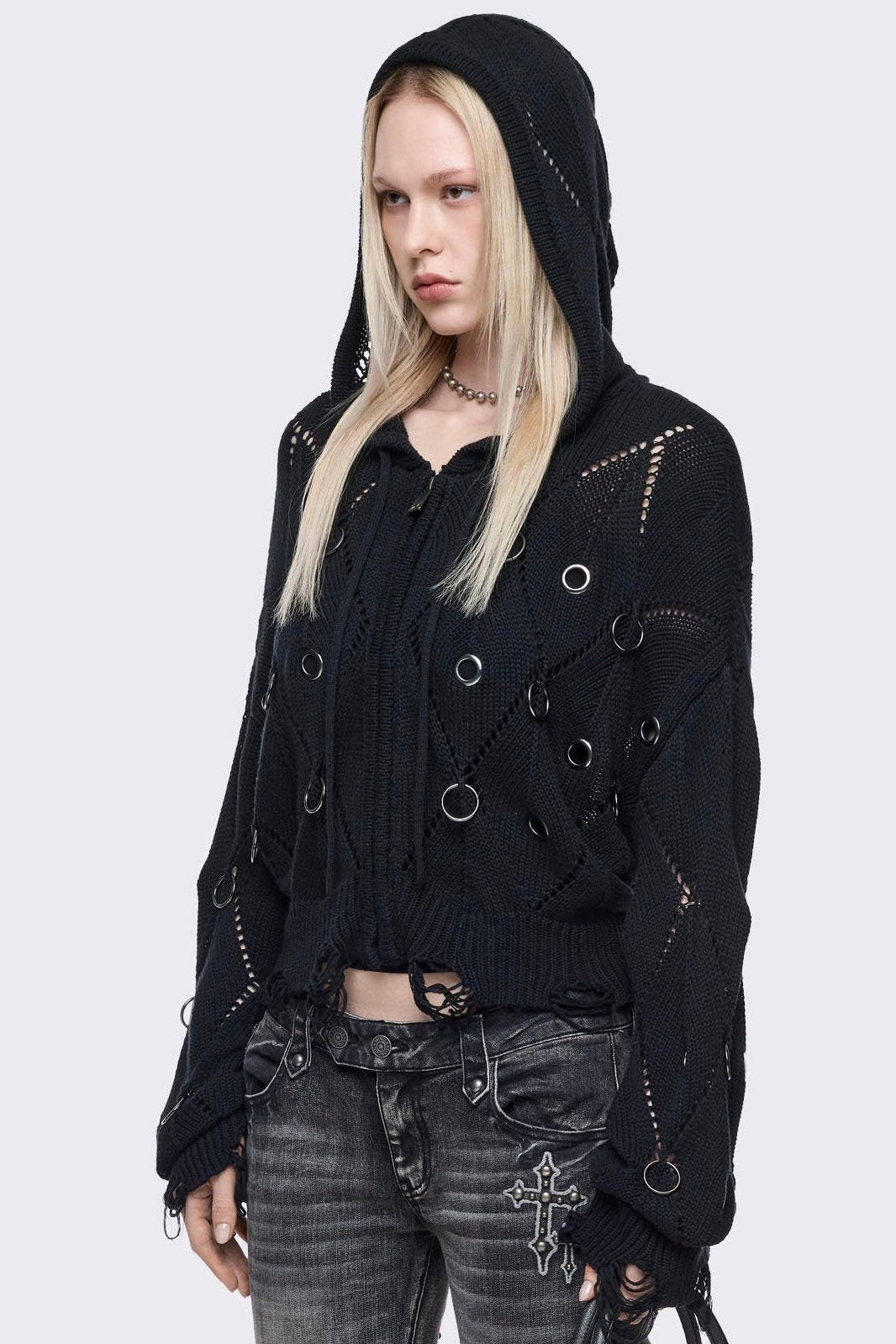 Ruin Crop Strickjacke mit Nieten - Black