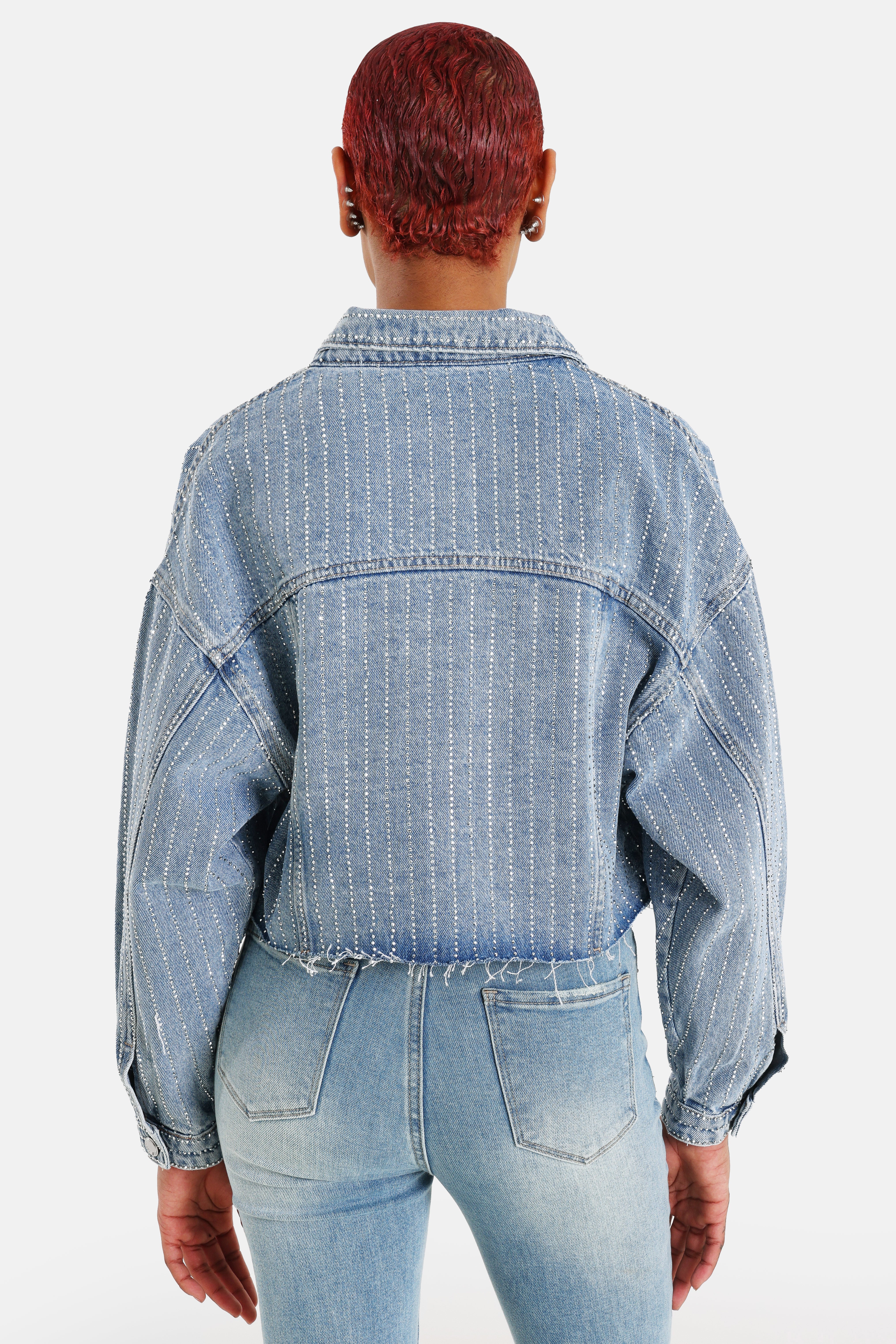 Giacca corta in denim con strass - Blue