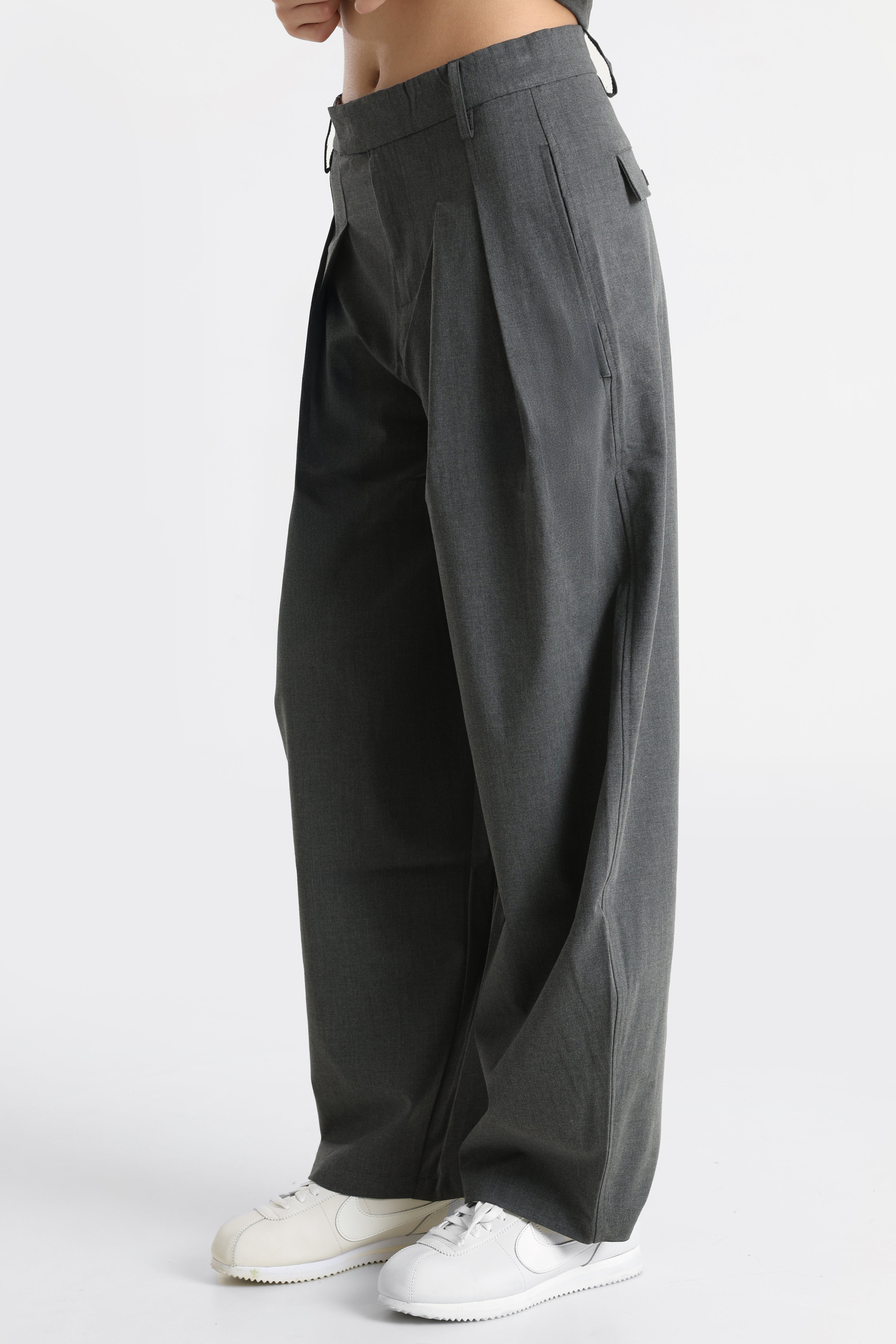 Pantalon en tissu Barrel Fit - Gris foncé chiné