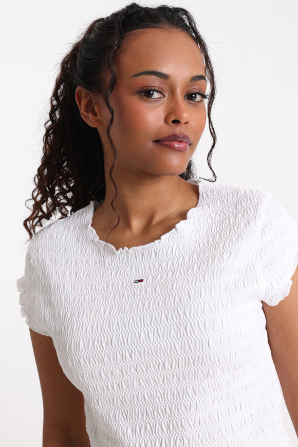Gesmoktes Crop T-Shirt - White