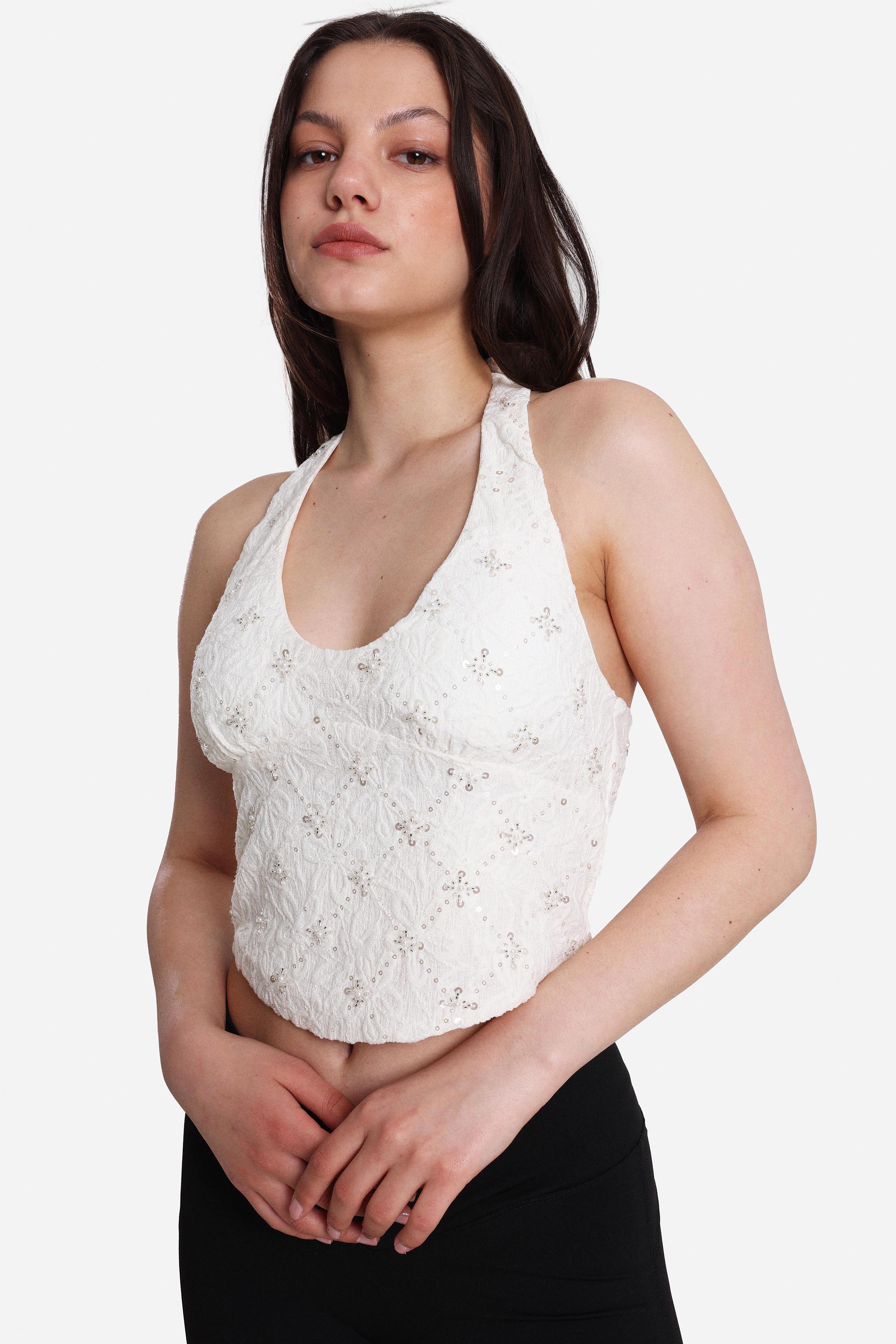 Cropped sequin halter top - Offwhite