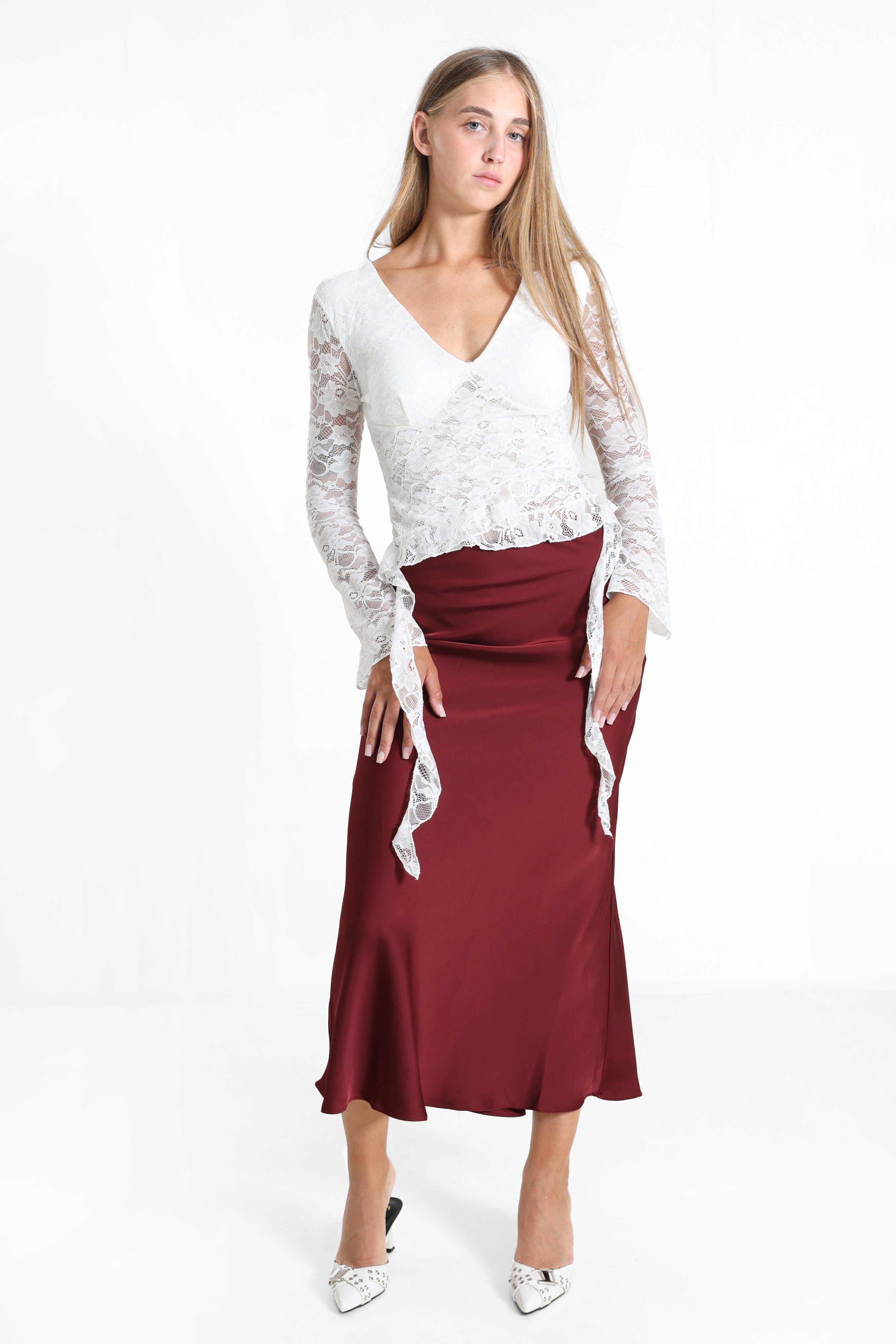 Camicia corta a maniche lunghe in pizzo - Bianco