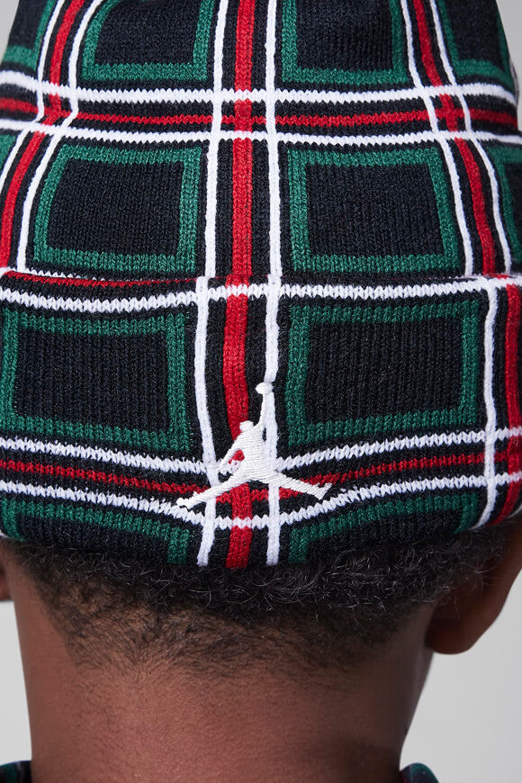 Holiday Plaid Pom-Beanie - Black + Dark Green + Red