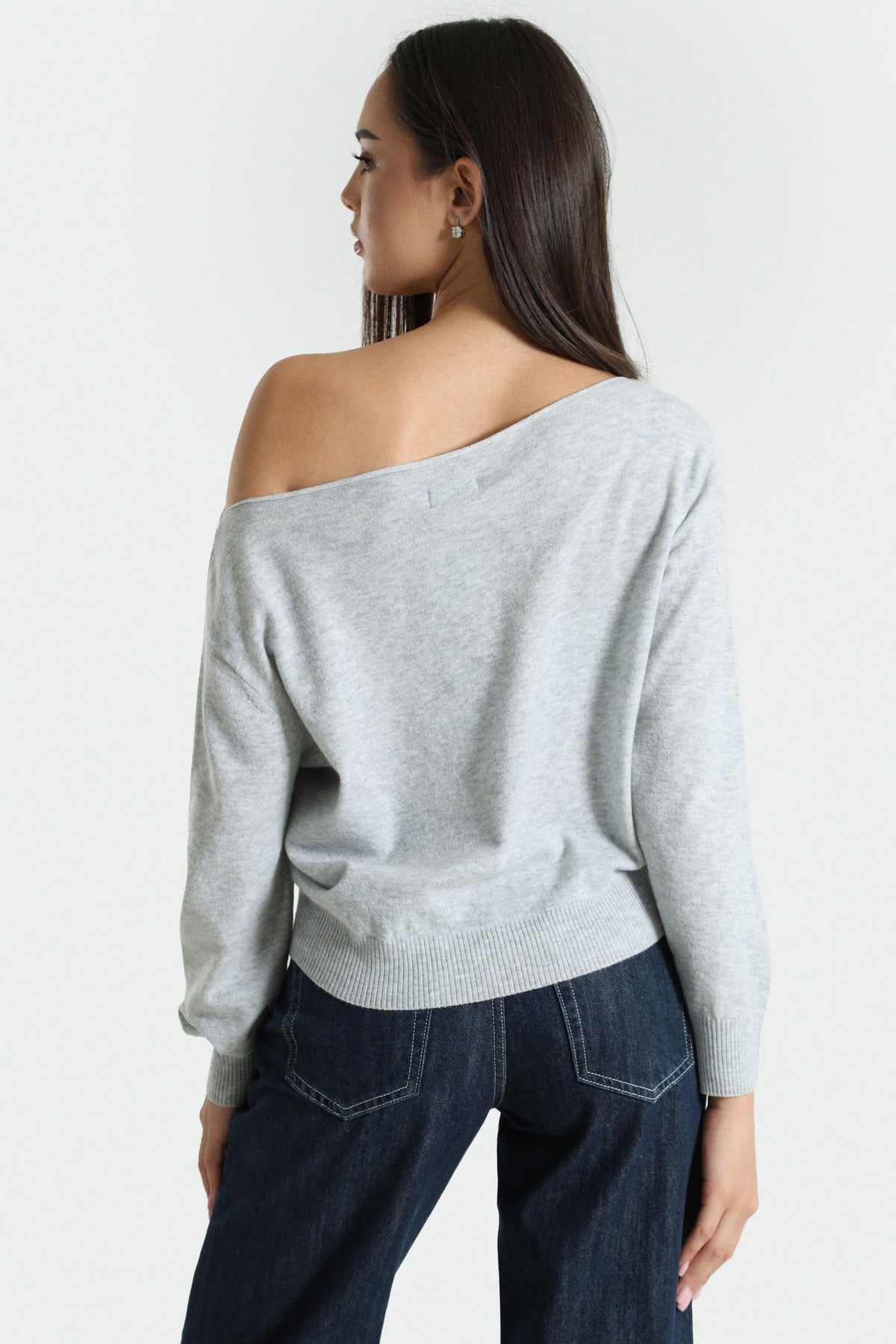 Off Shoulder Feinstrickpullover - Hellgrau meliert