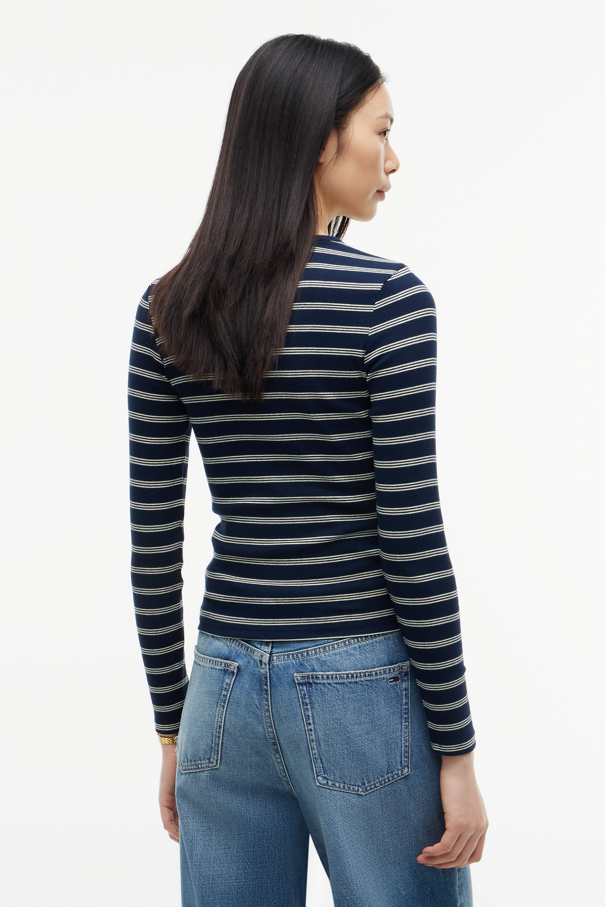Geripptes Langarmshirt - Dark Blue + Day Lily