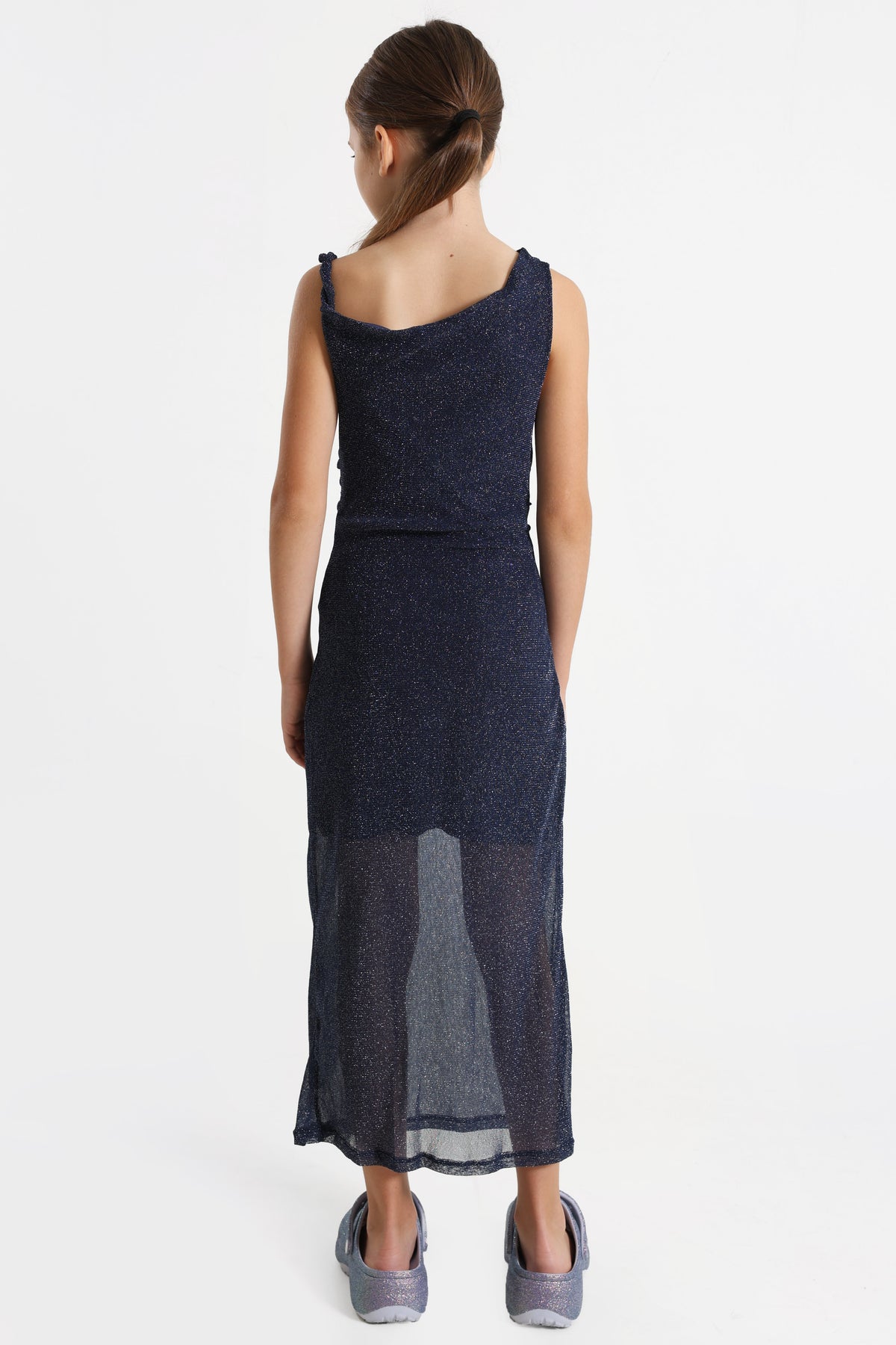 Robe longue one shoulder à brillants - Bleu marine
