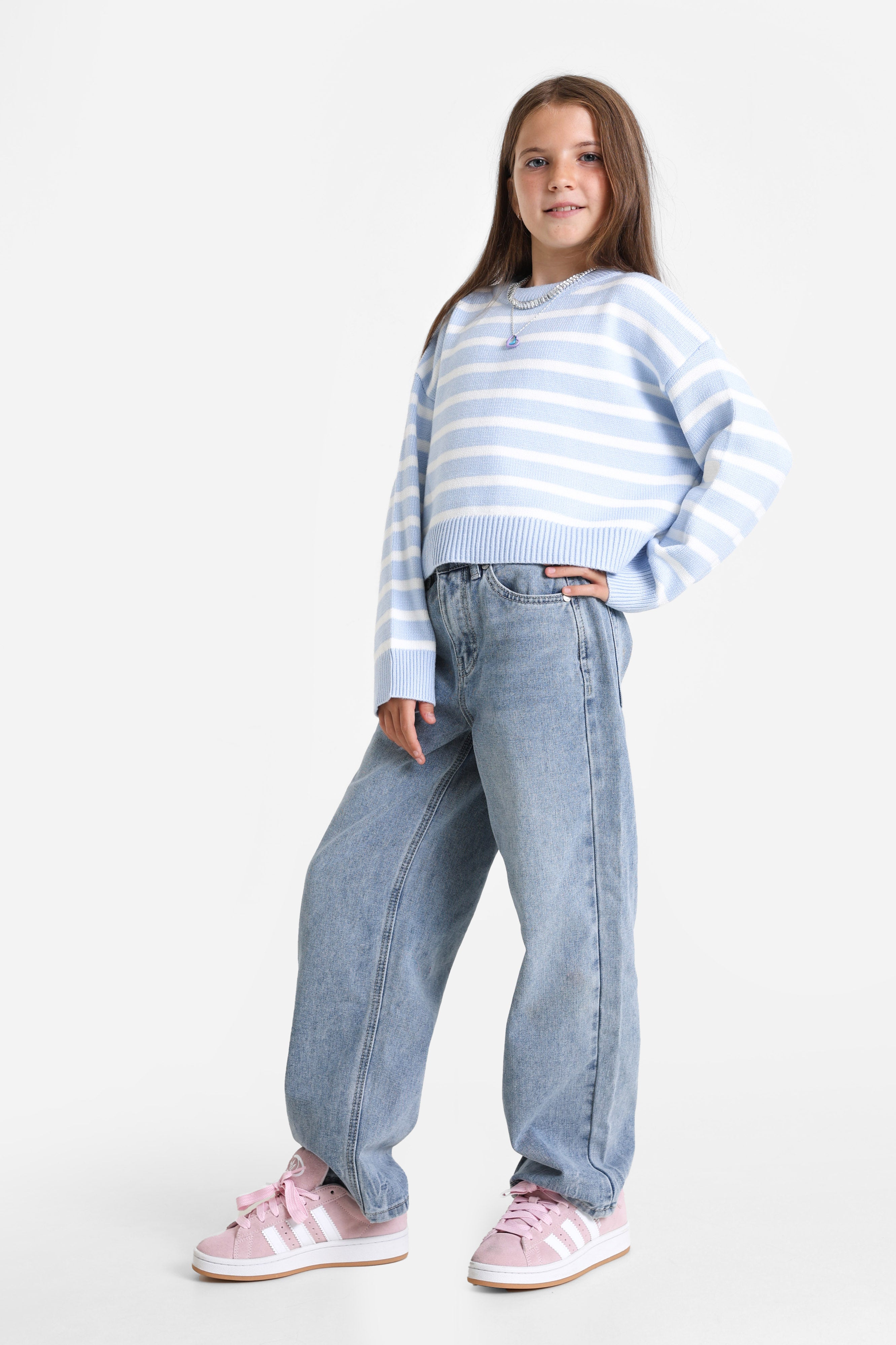 Crop Strickpullover - Hellblau + Offwhite