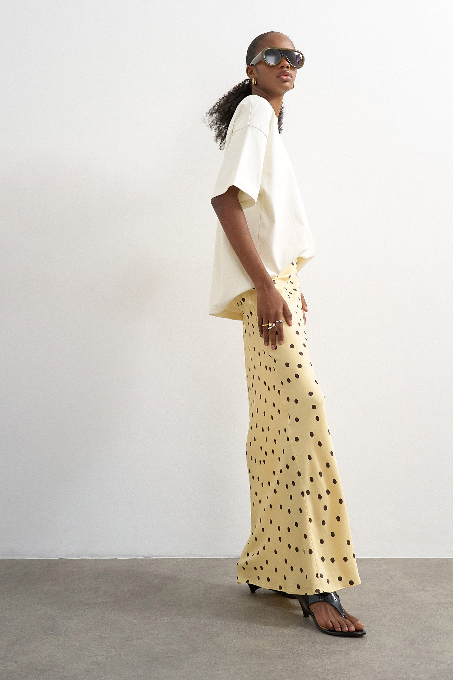 TSMALENE Satin Long Polka Dot Skirt - Buttercream