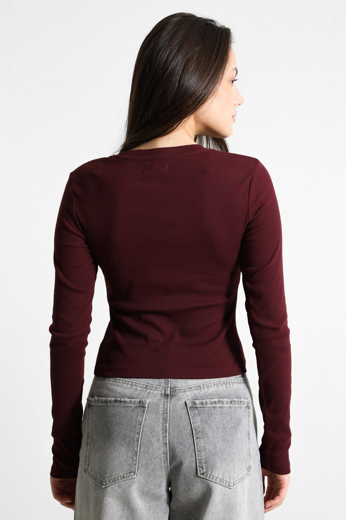 Geripptes Crop Langarmshirt - Bordeaux