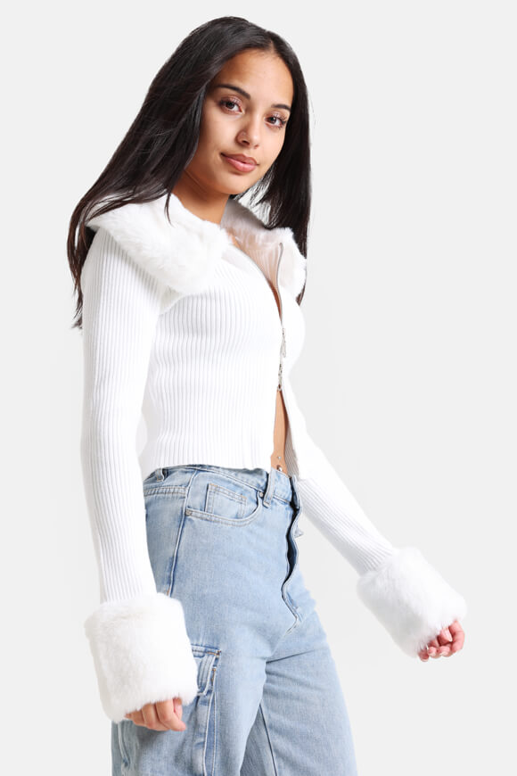 Gerippte Crop Strickjacke - Weiss