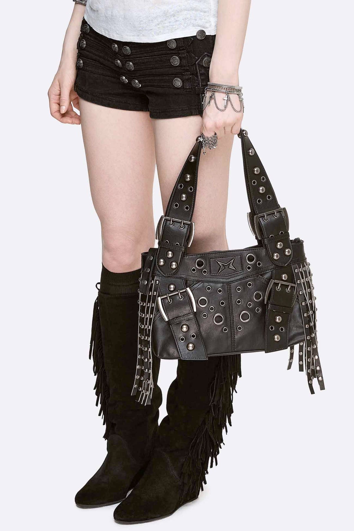 Fern Studded Fringe sac à main avec rivets - Black