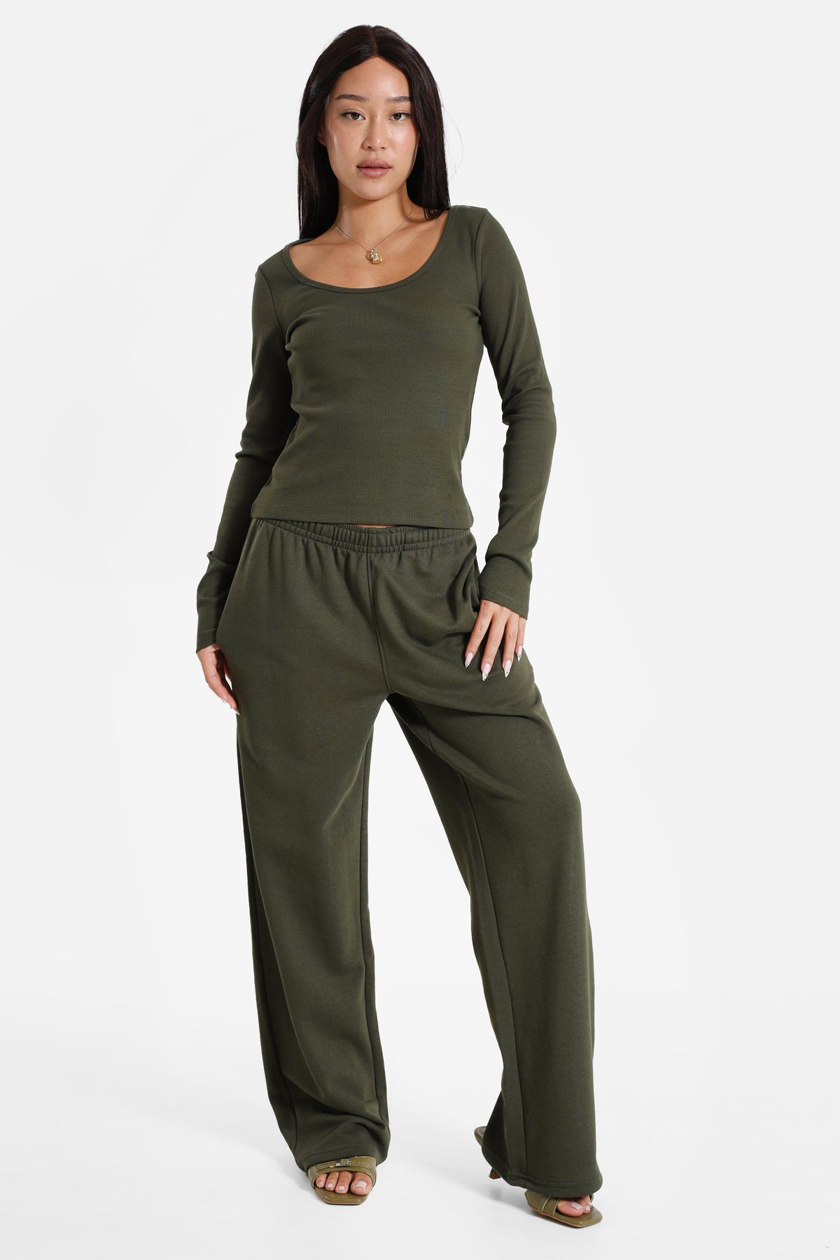 Geripptes Langarmshirt - Olive