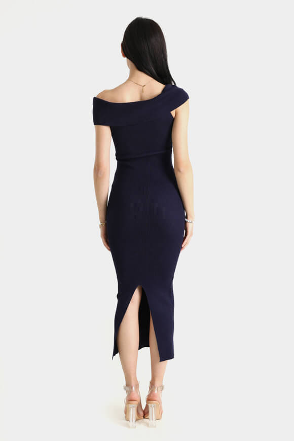Ribbed off-shoulder knit dress - navy blue