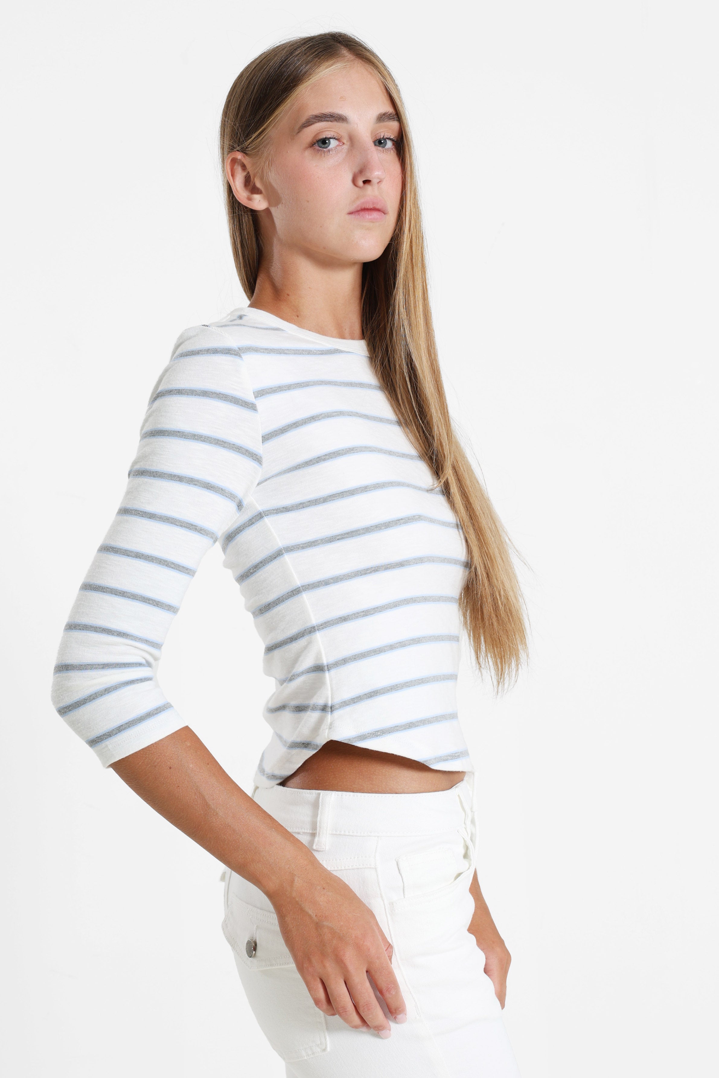 Crop Langarmshirt - Offwhite + Hellblau + Grau