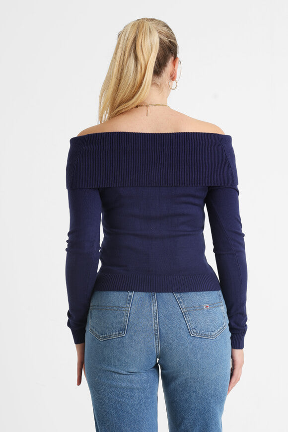 Crop Off Shoulder Feinstrickpullover - Marineblau