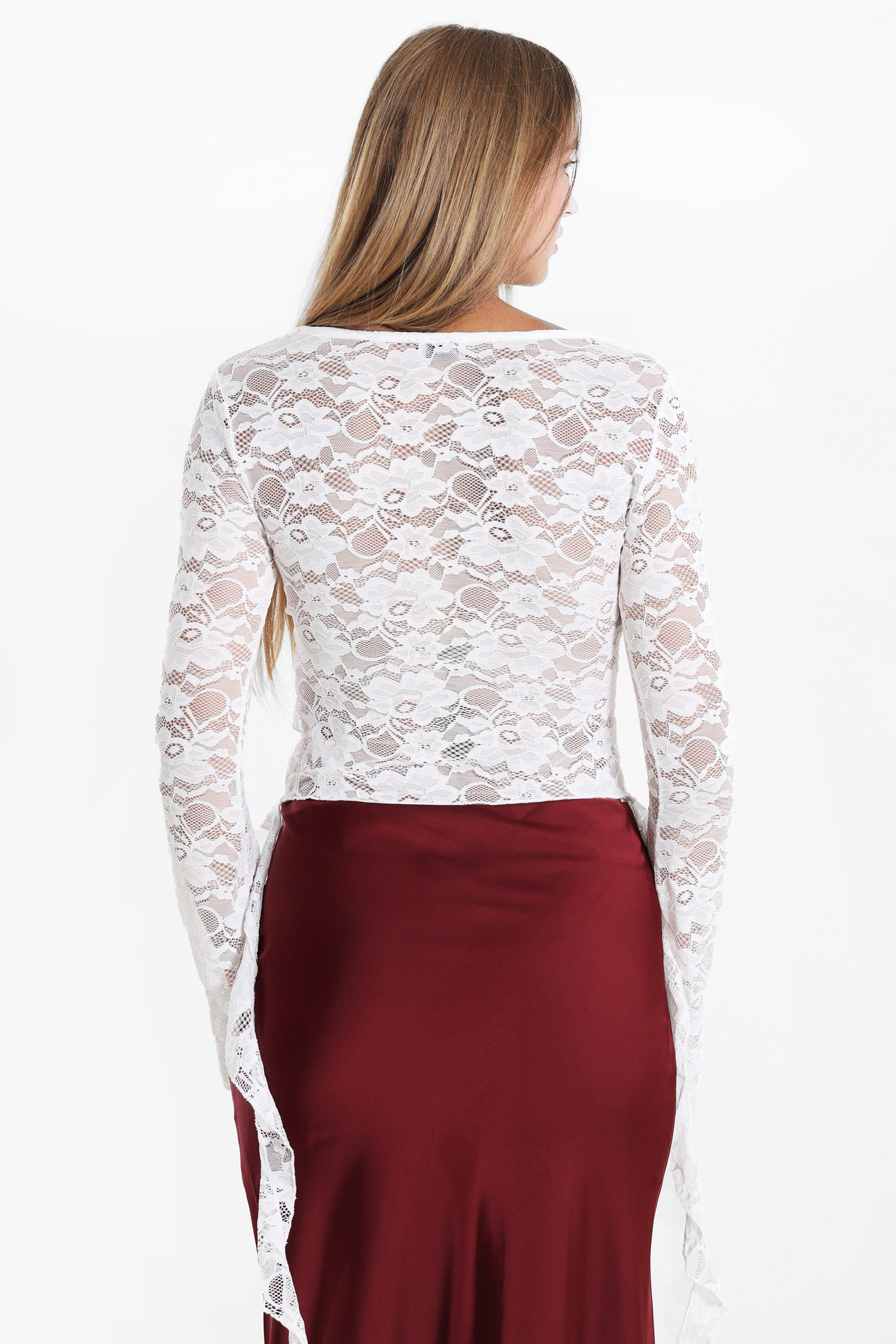 Camicia corta a maniche lunghe in pizzo - Bianco