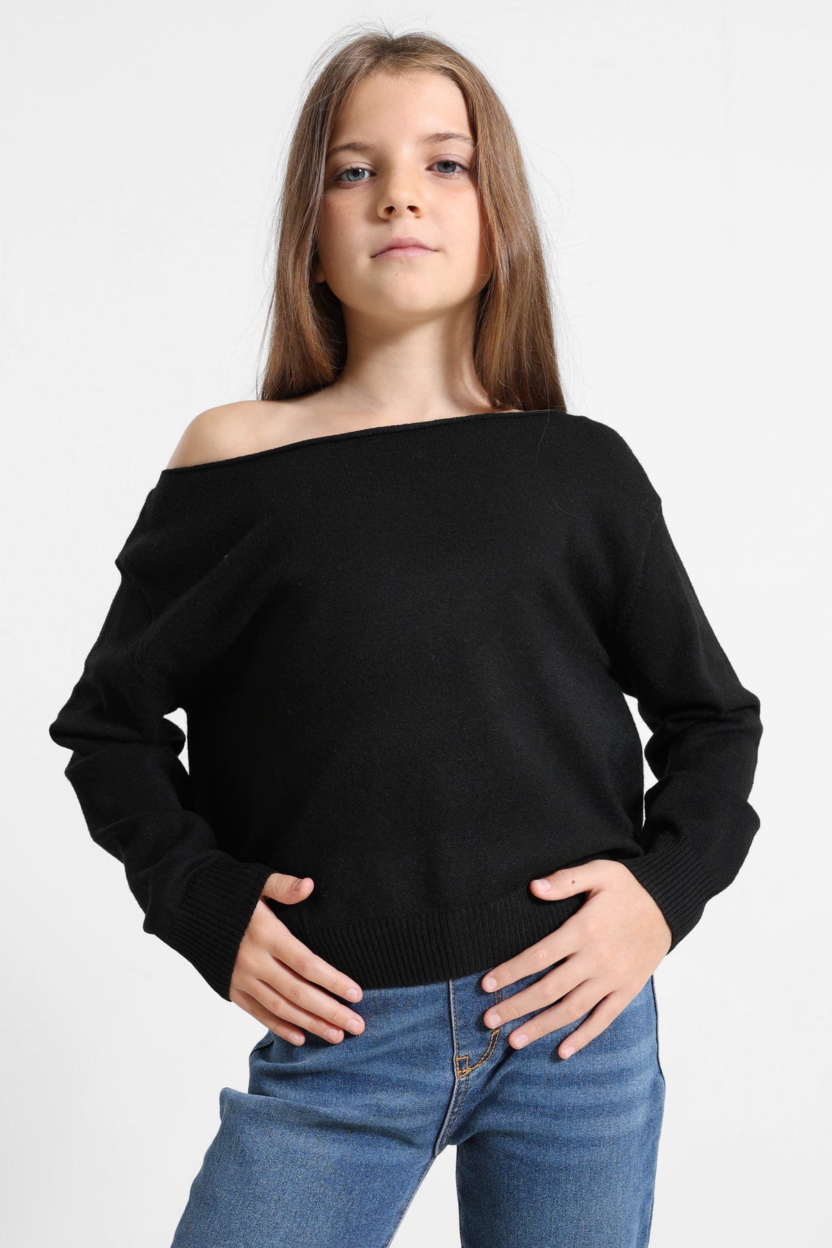 Off Shoulder Strickpullover - Schwarz