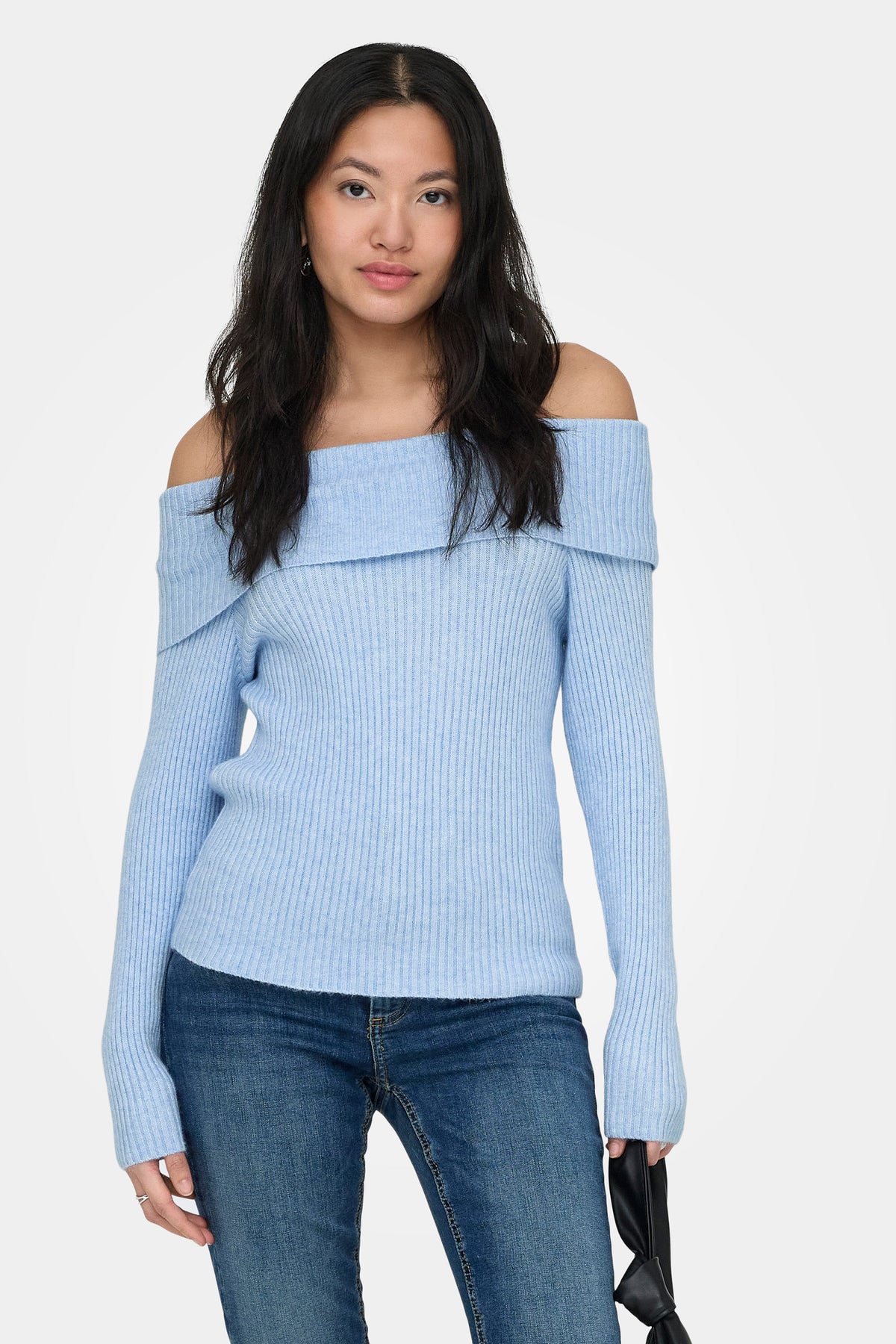 ONLKATIA gerippter Crop Off Shoulder Strickpullover - Kentucky Blue Melange
