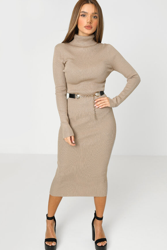 Geripptes Strick-Midikleid - Beige