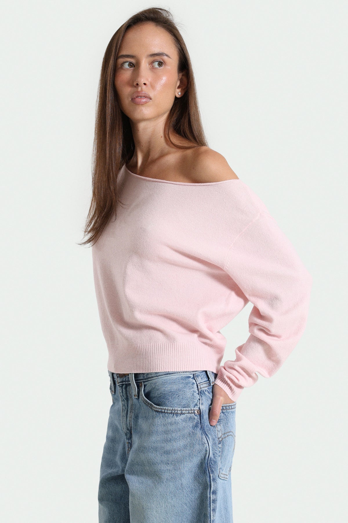 Maglione scivolato sulle spalle in maglia fine - Rosa