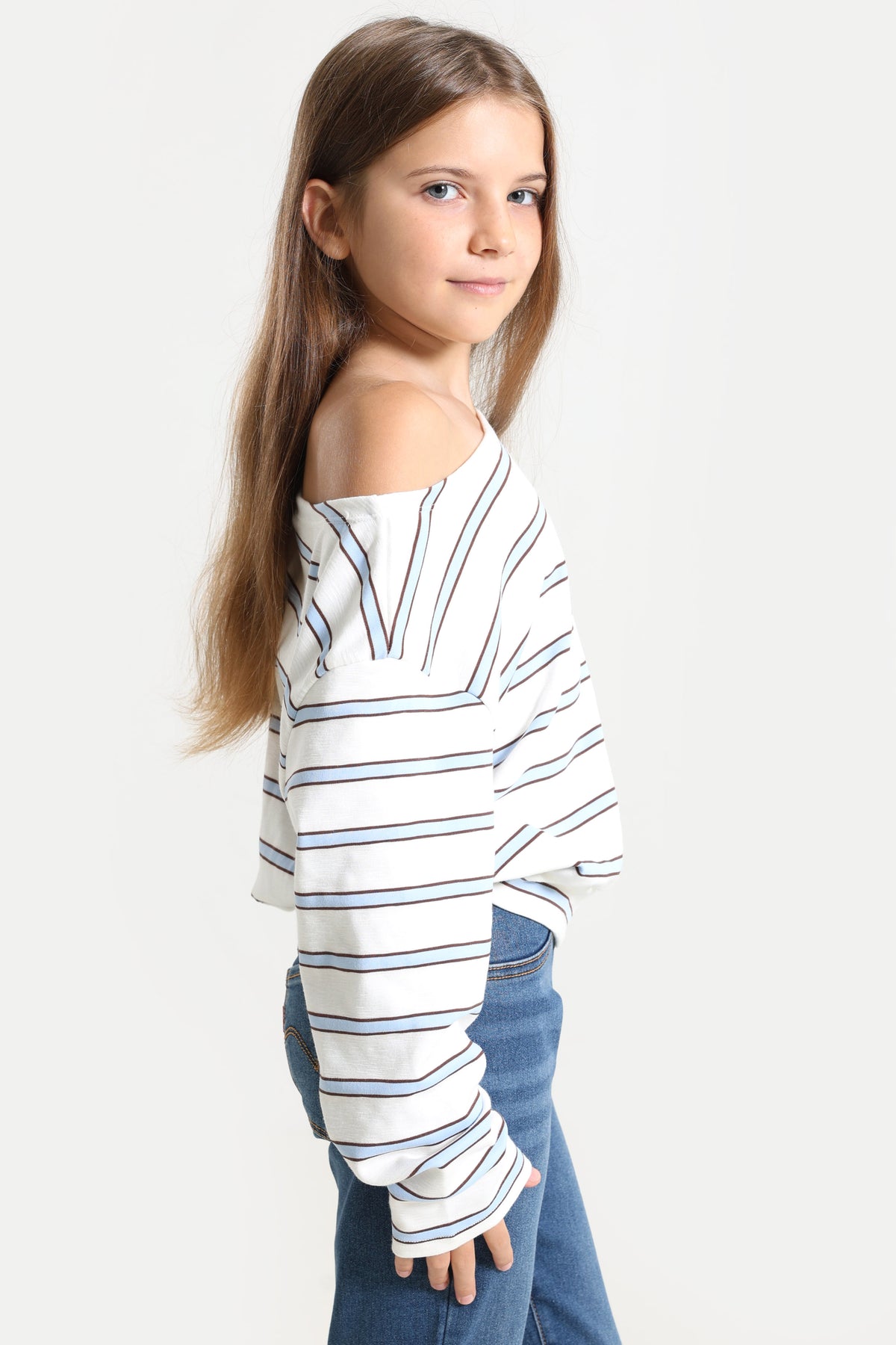 Off Shoulder Langarmshirt - Offwhite + Hellblau + Braun