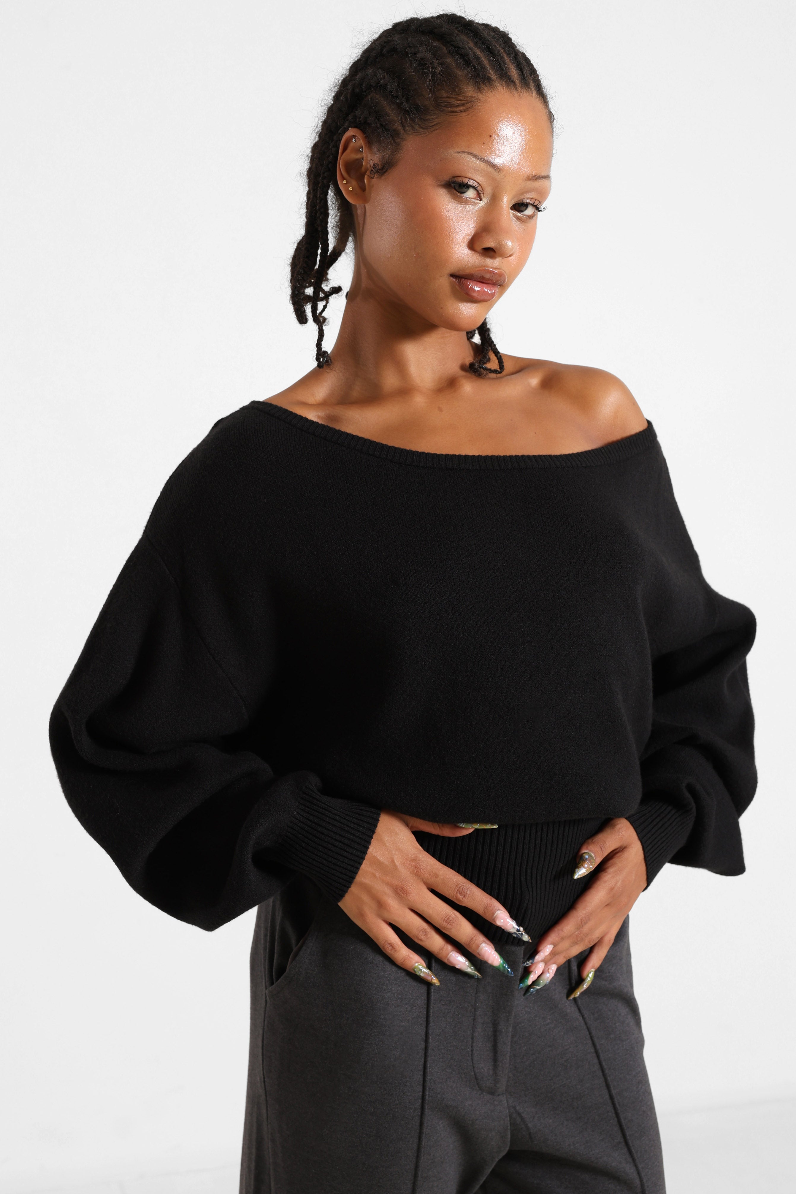 Maglione con scollo a barca in maglia - Nero