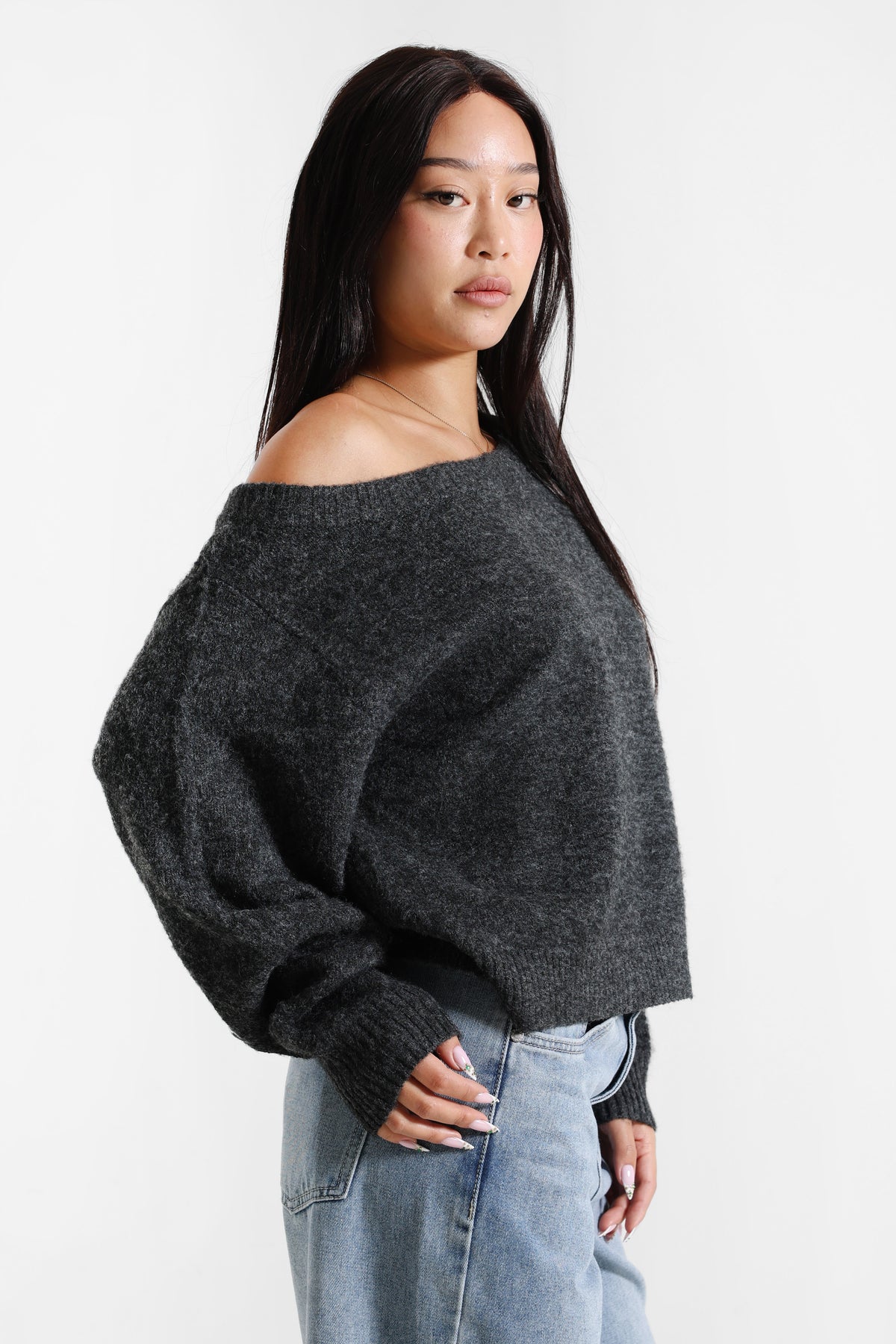Off-shoulder knitted sweater - Anthracite chiné