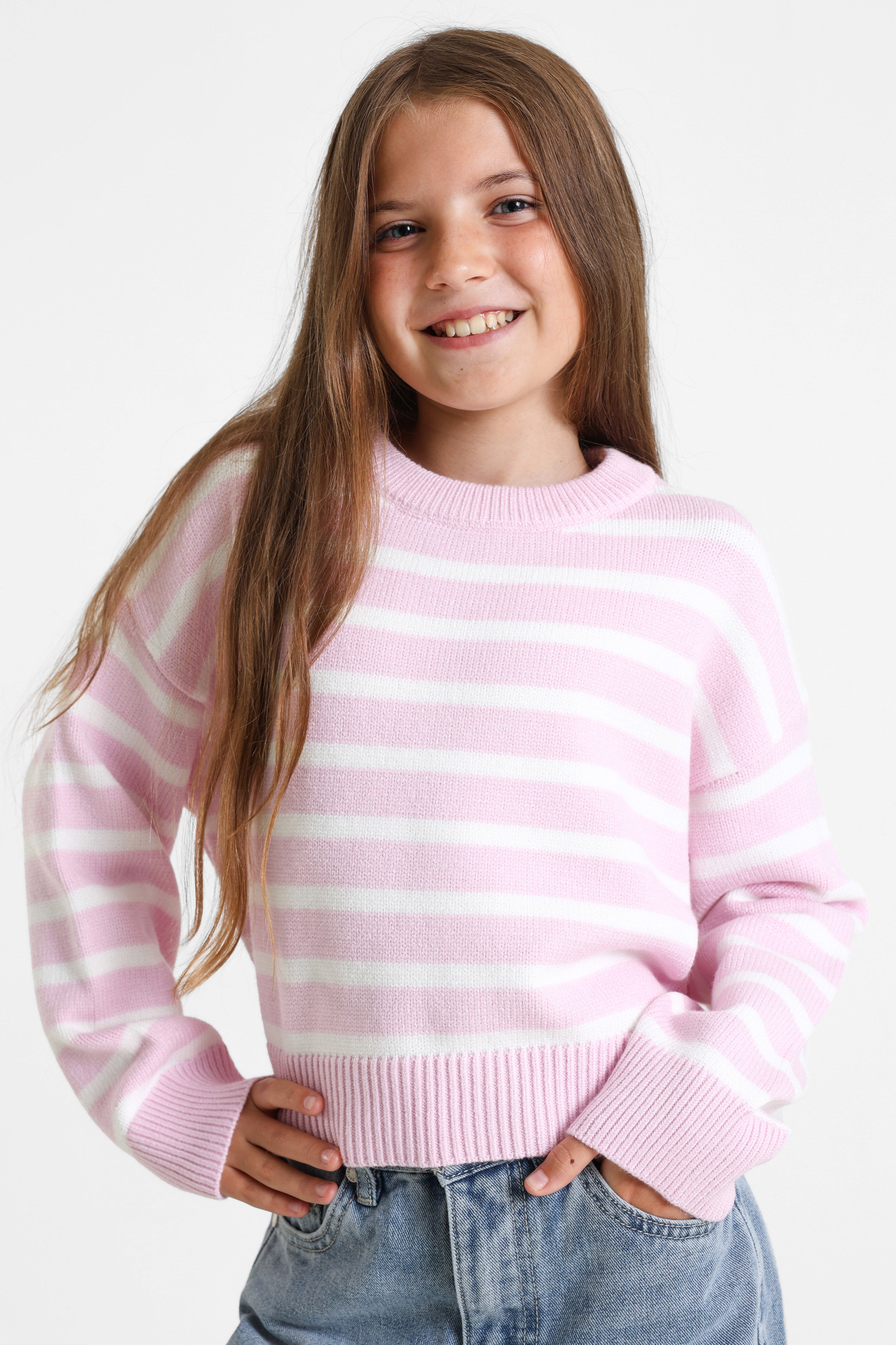 Crop Strickpullover - Rosa + Weiss