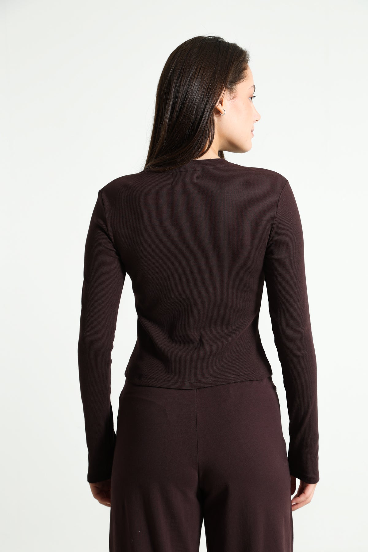 Ribbed long-sleeve cropped shirt - Brun