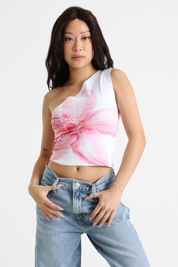 One Shoulder Crop Top - White + Pink