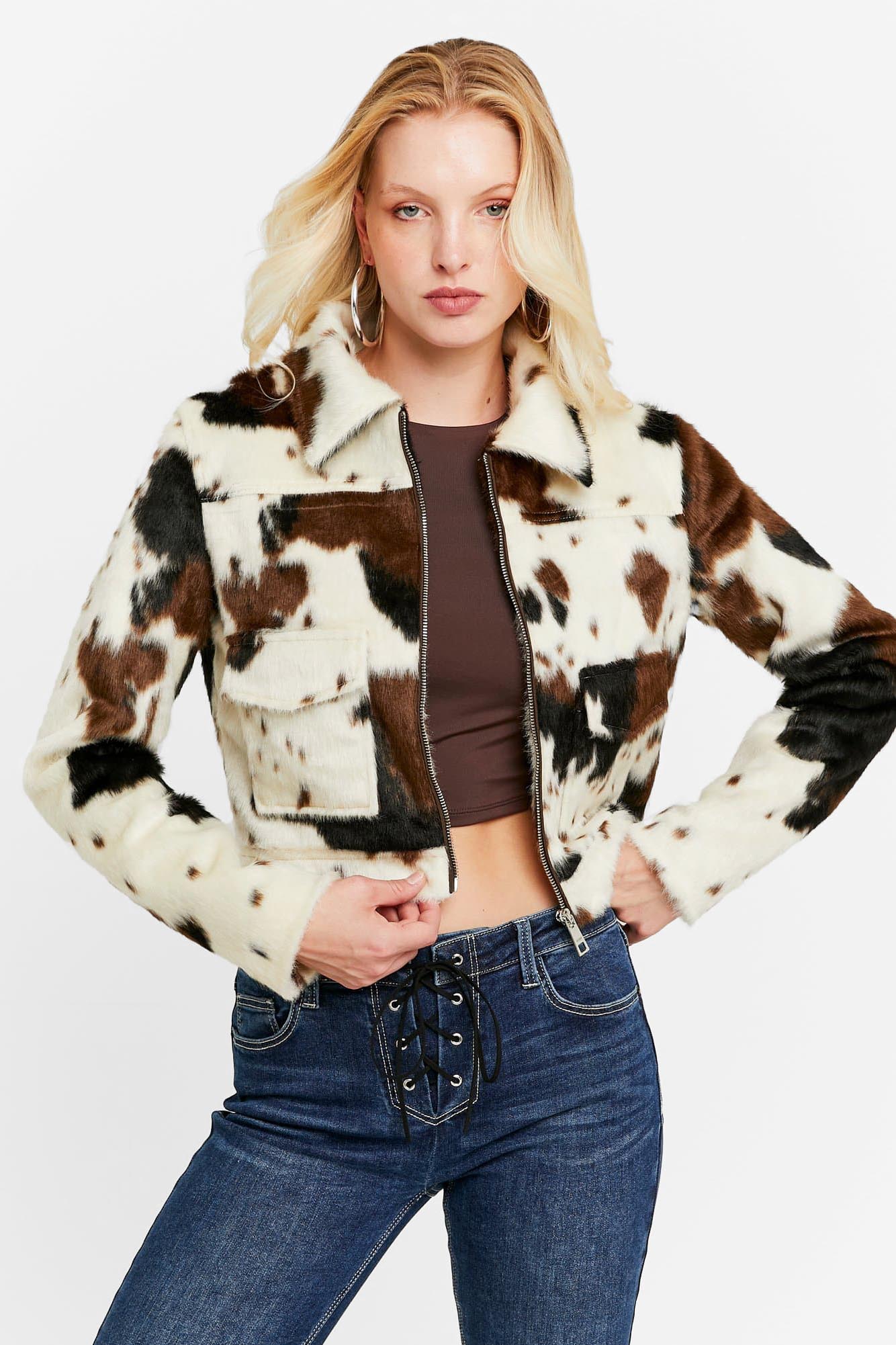 Kurze Kunstpelzjacke - Cream + Brown