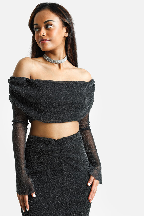 Glitzer Off Shoulder Top - Schwarz + Silber