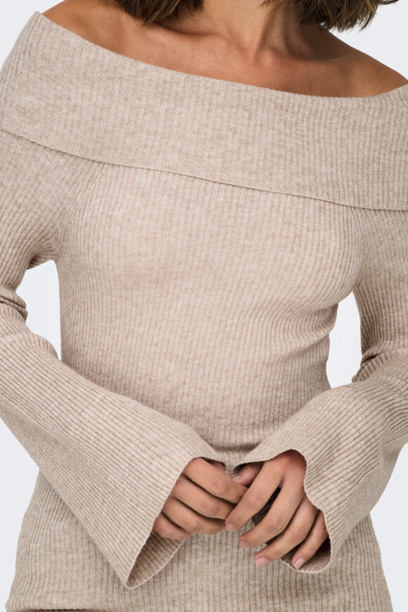 Jayden Ribbed Off Shoulder Knitted Jumper - Mocha Meringue Melange