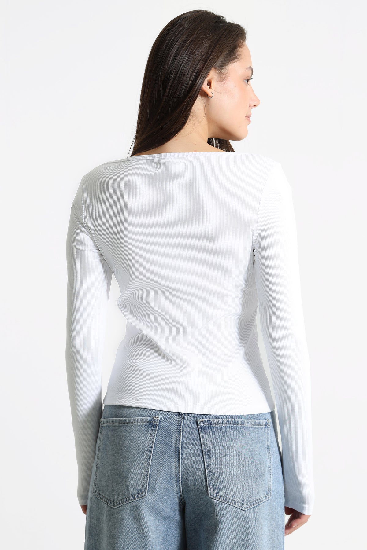 Geripptes Langarmshirt - Weiss