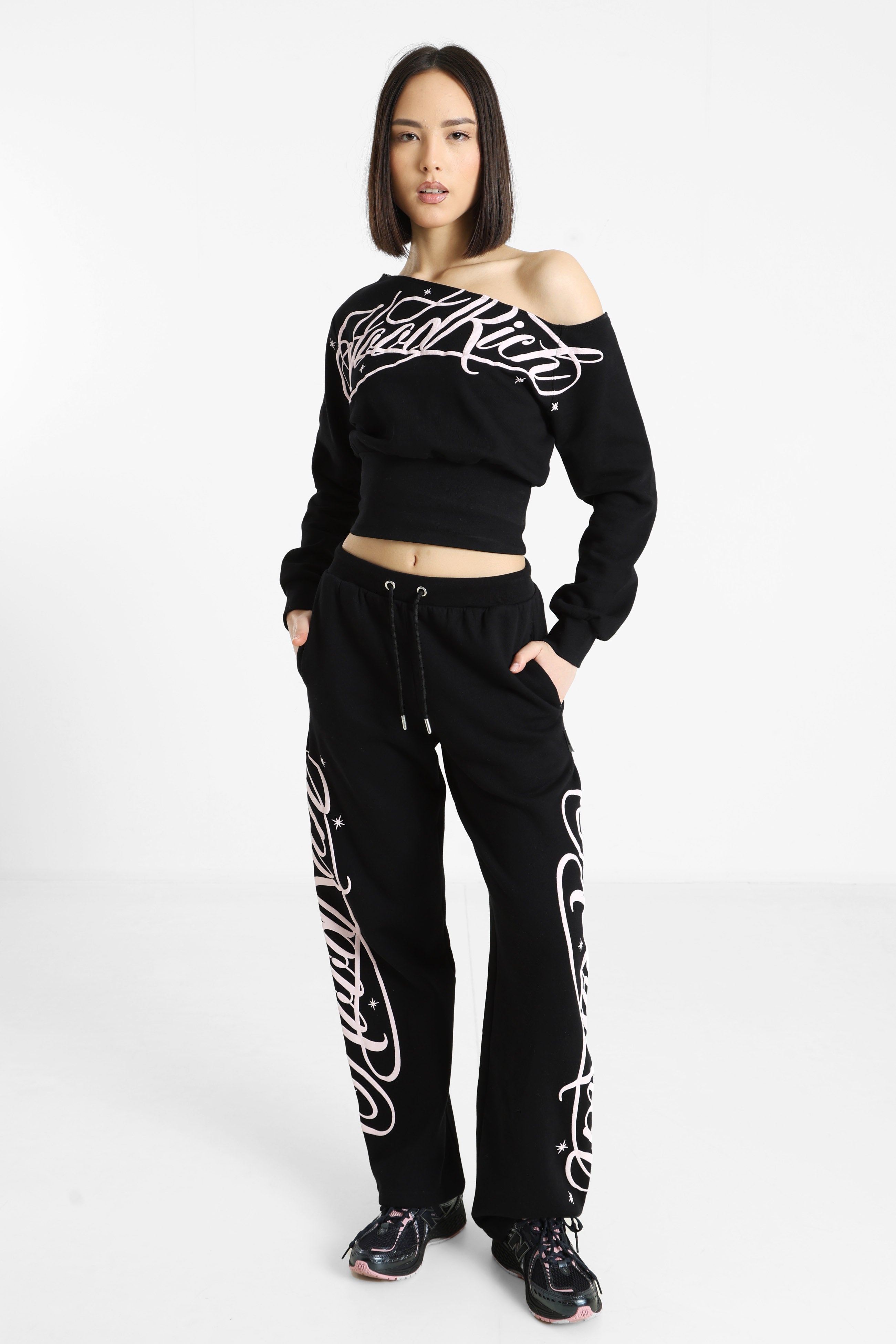 One Shoulder Crop Sweatshirt - Black + Pink