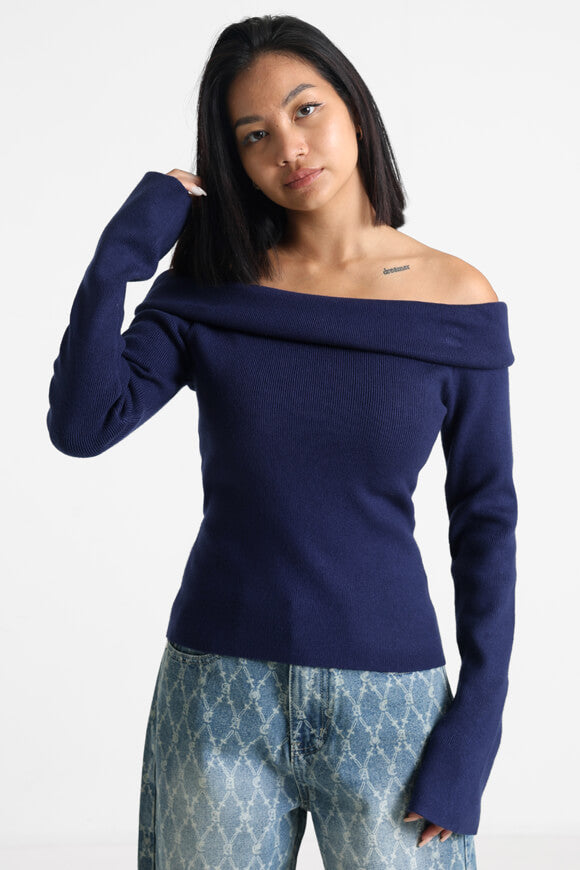 Ribbed off-shoulder knitted sweater - navy blue