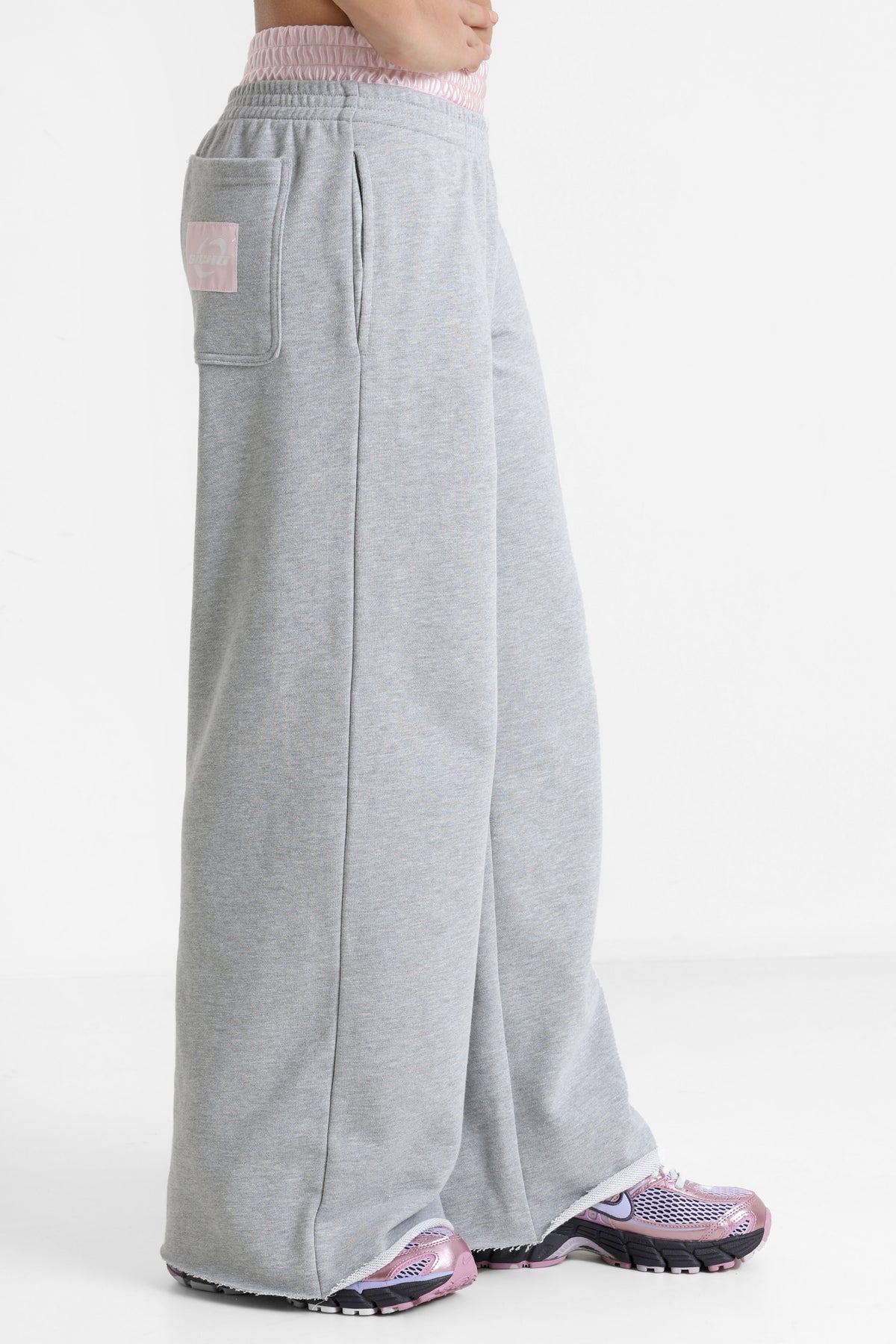 Wide Leg Sweathose - Grau meliert + Rosa