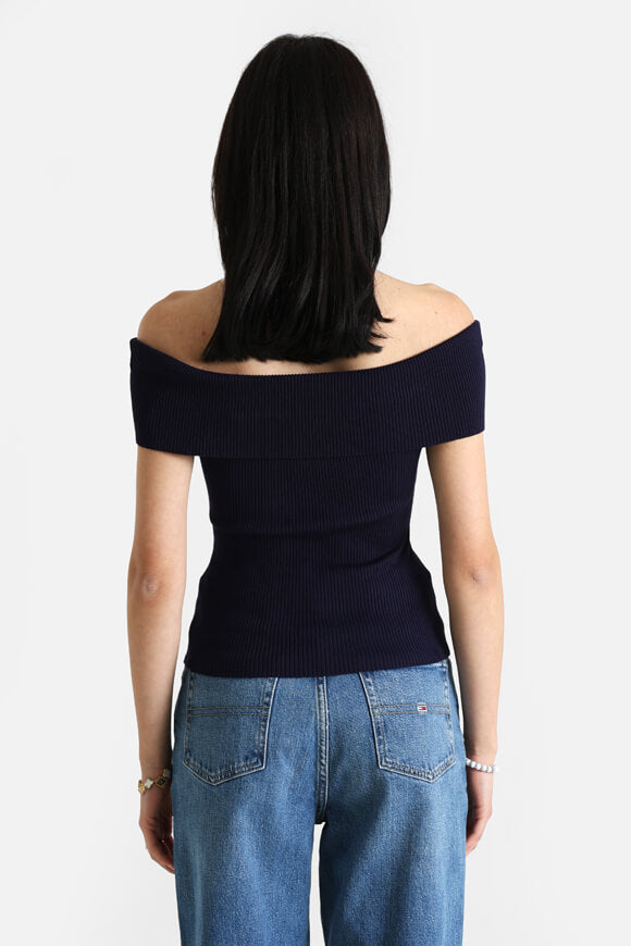 Geripptes Off Shoulder Crop Stricktop - Marineblau