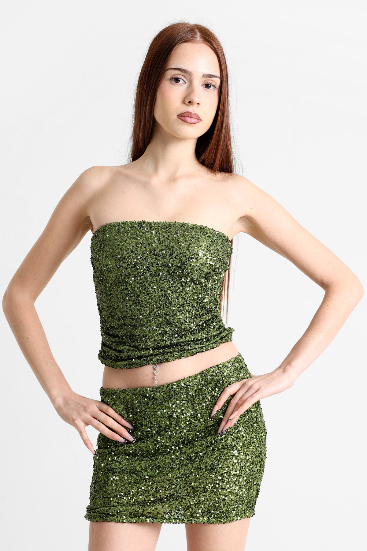 Top corto a fascia con paillettes - Verde